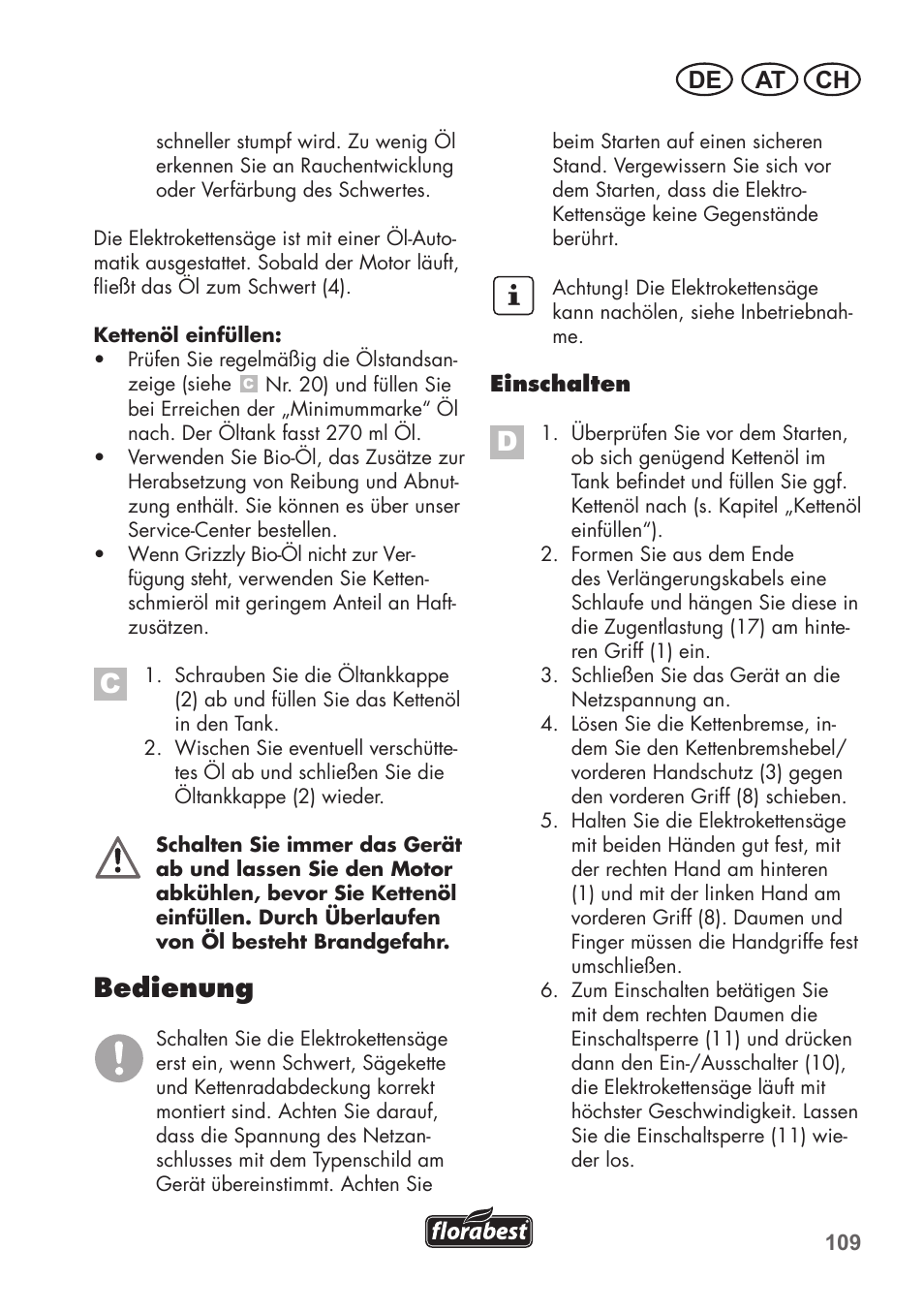 Bedienung, At ch de | Florabest FKS 2200 C2 User Manual | Page 109 / 128