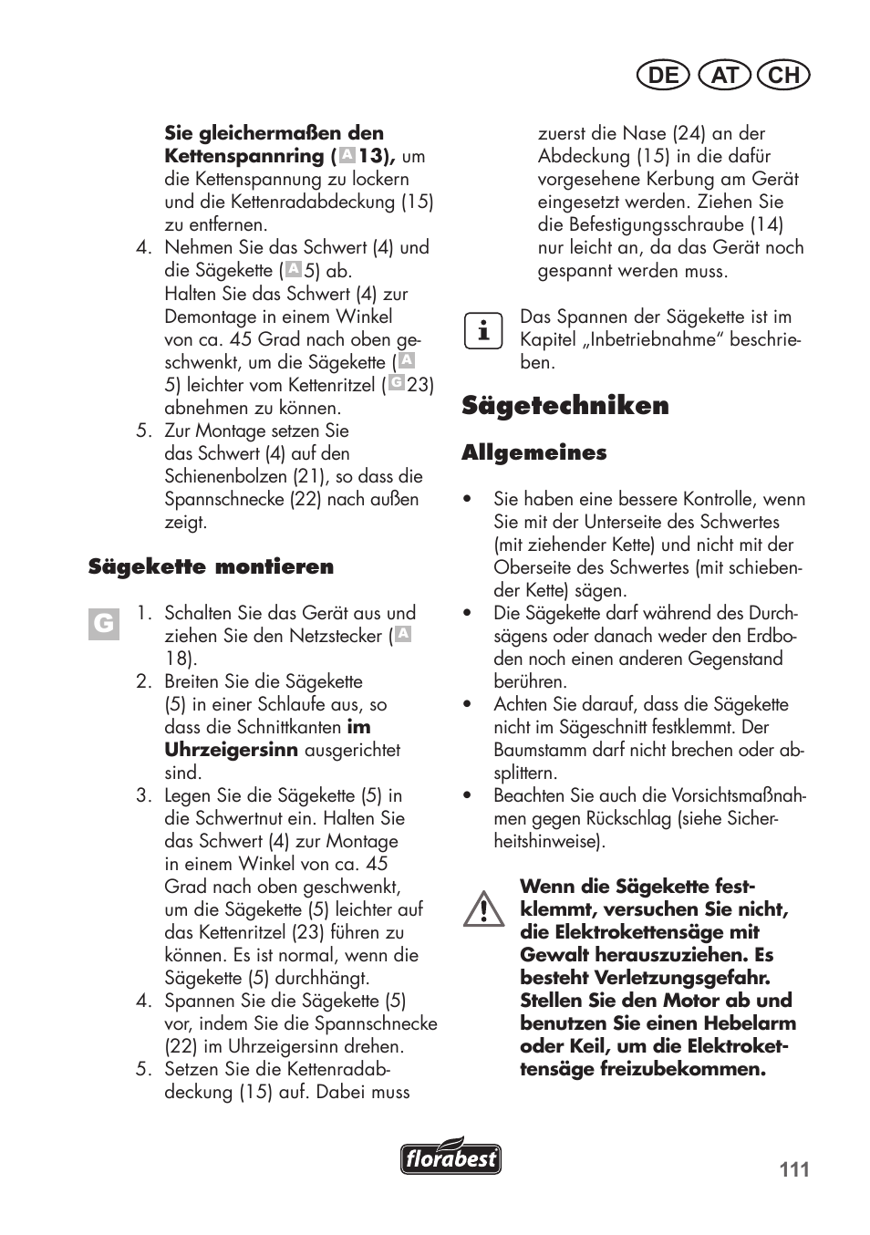 Sägetechniken, At ch de | Florabest FKS 2200 C2 User Manual | Page 111 / 128