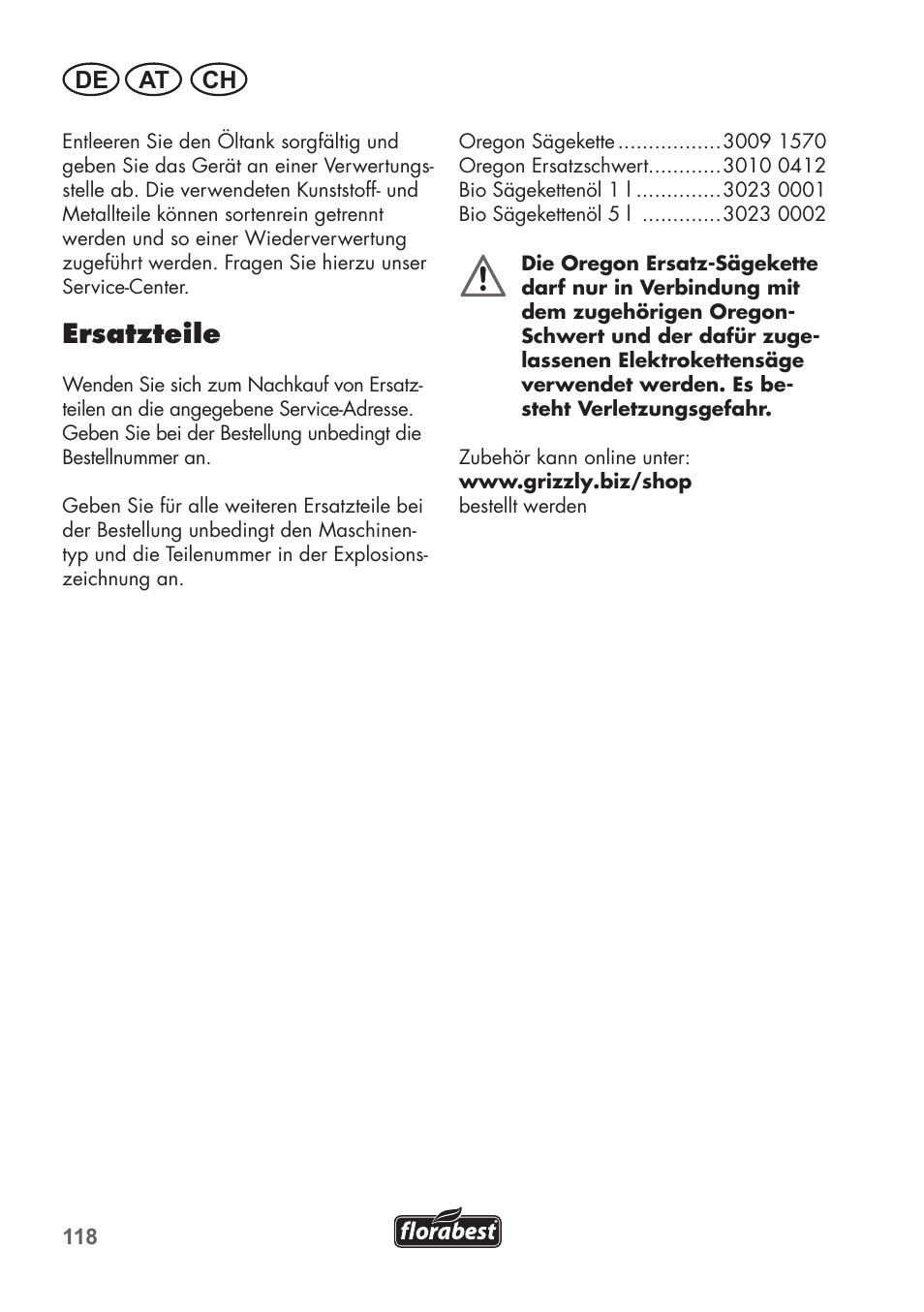 Ersatzteile, De at ch | Florabest FKS 2200 C2 User Manual | Page 118 / 128