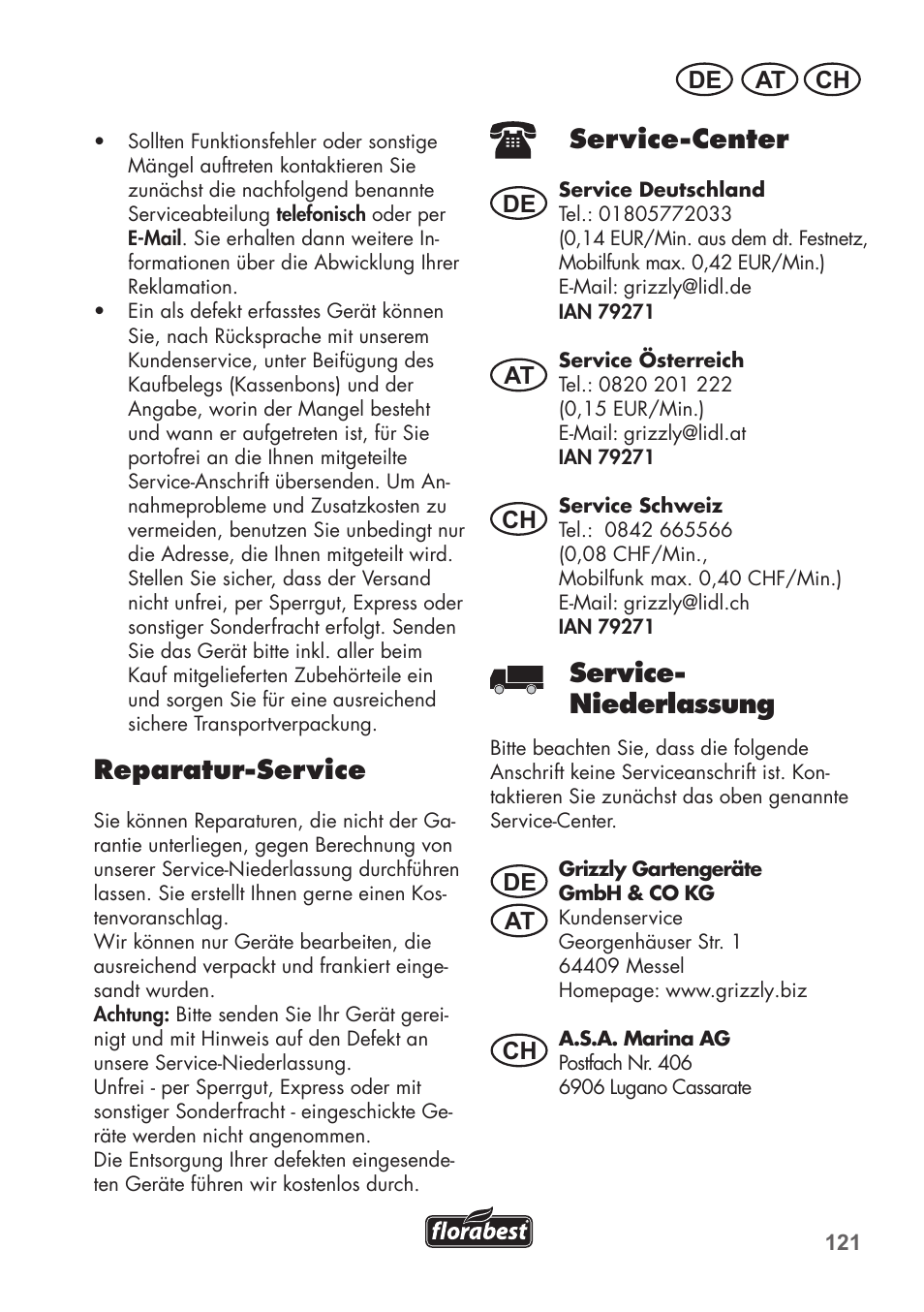 Service-center, Service- niederlassung, Reparatur-service | At ch de, De at at ch ch | Florabest FKS 2200 C2 User Manual | Page 121 / 128