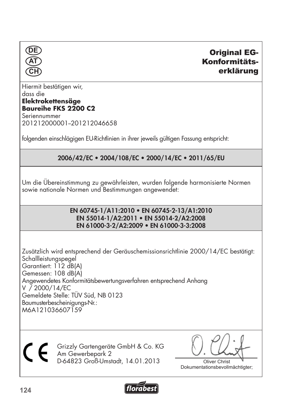 Original eg- konformitäts- erklärung | Florabest FKS 2200 C2 User Manual | Page 124 / 128