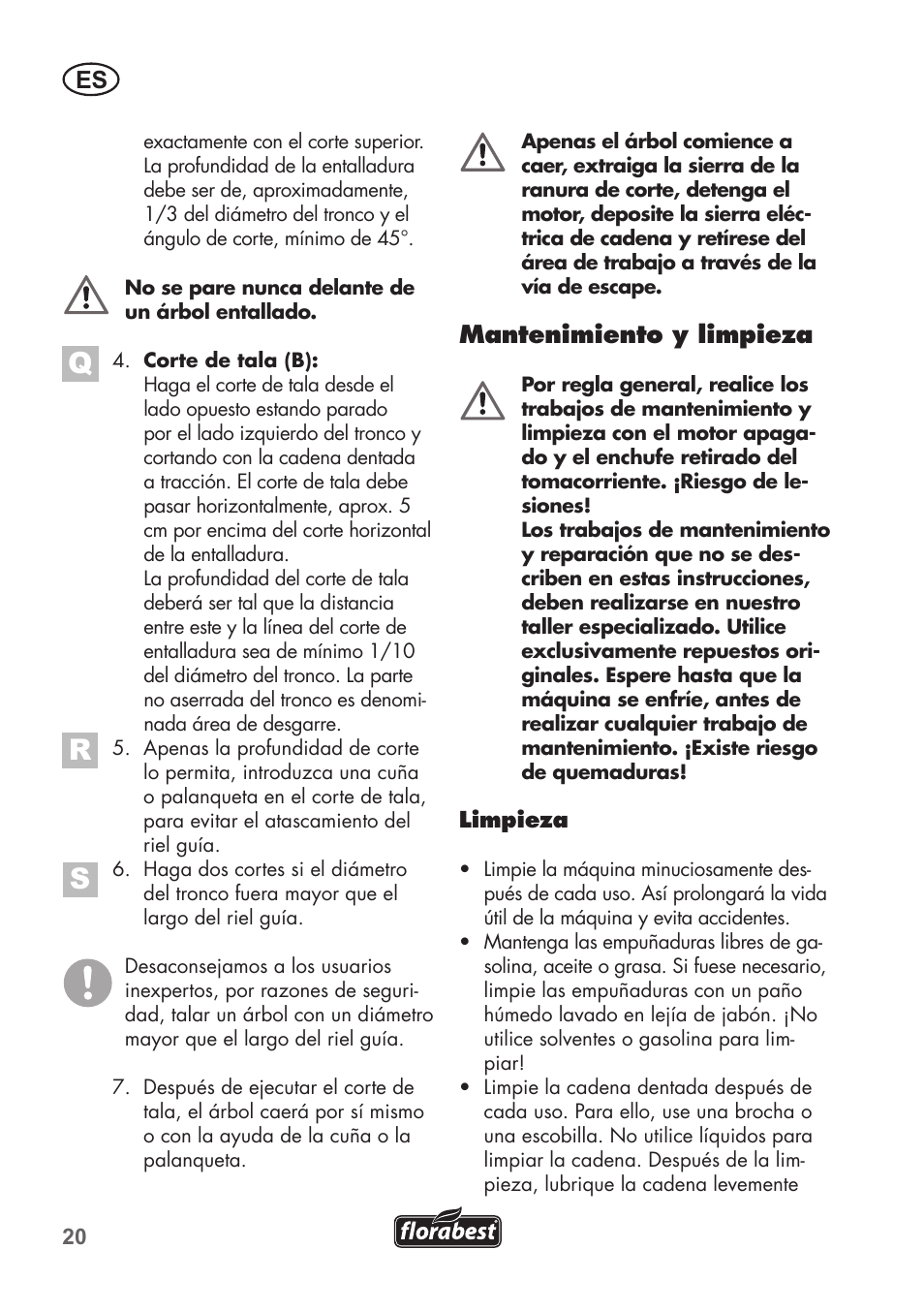 Mantenimiento y limpieza | Florabest FKS 2200 C2 User Manual | Page 20 / 128