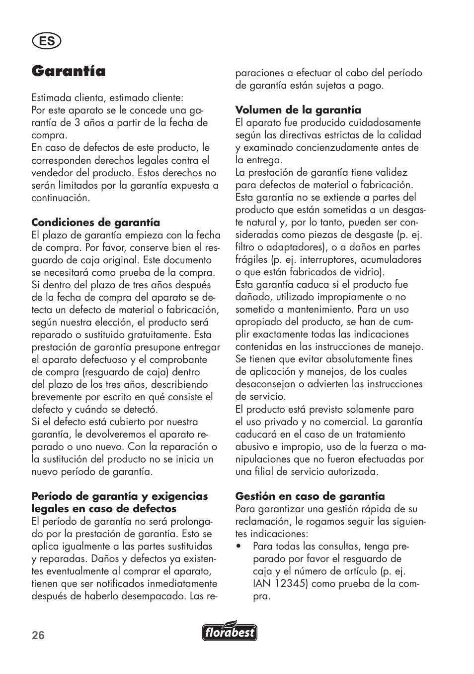 Garantía | Florabest FKS 2200 C2 User Manual | Page 26 / 128
