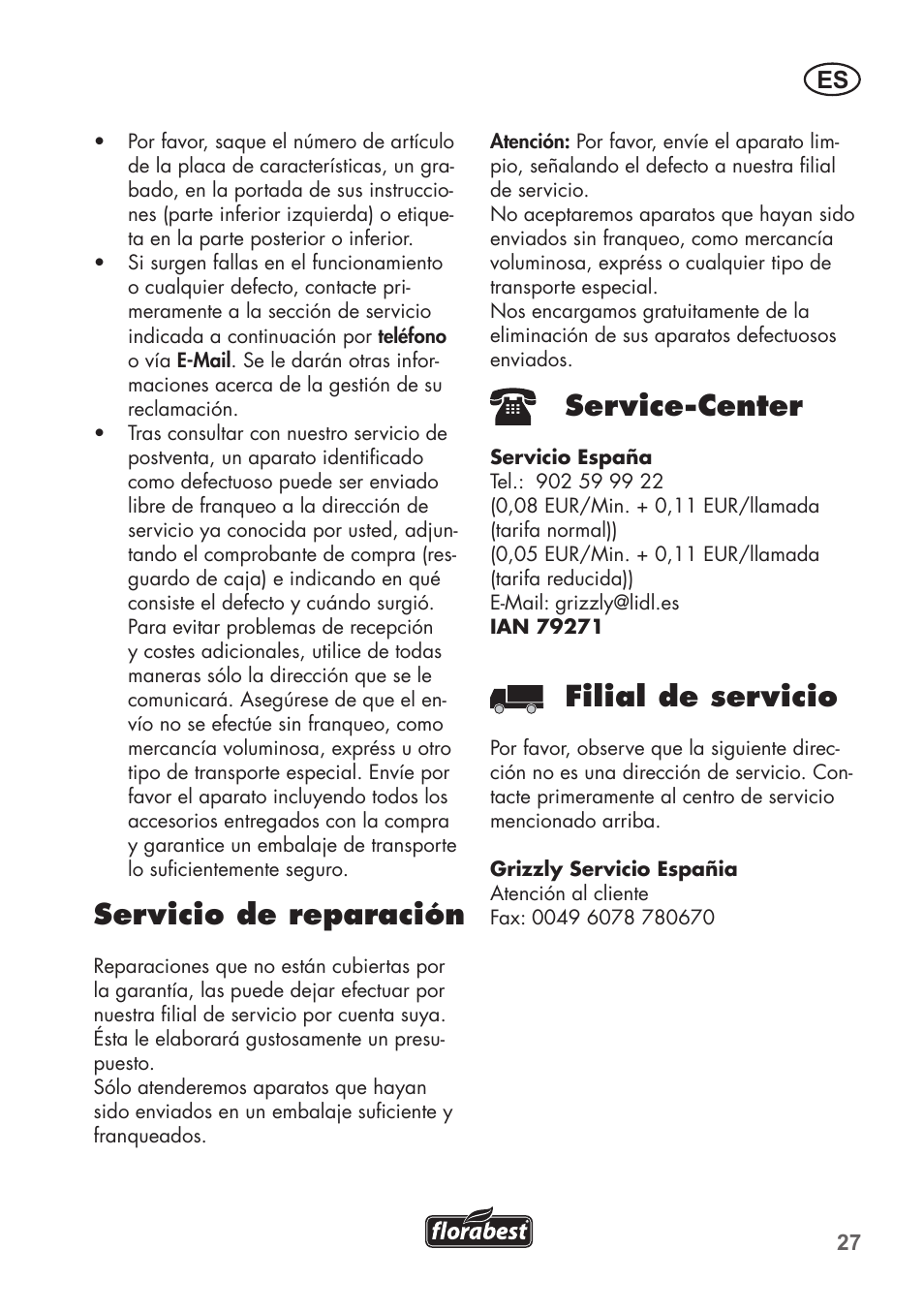 Servicio de reparación, Service-center, Filial de servicio | Florabest FKS 2200 C2 User Manual | Page 27 / 128