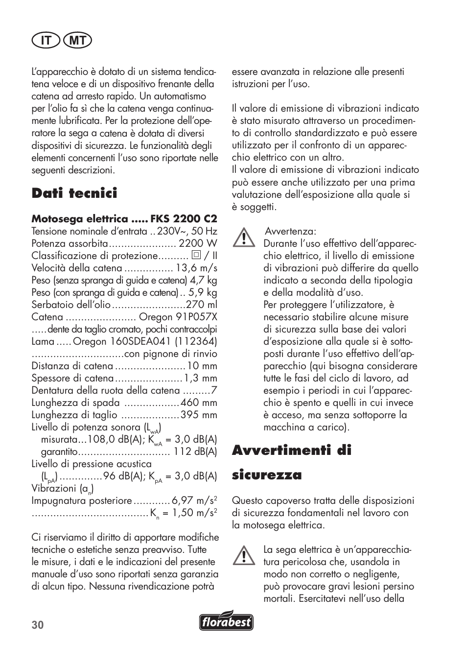 Dati tecnici, Avvertimenti di sicurezza, It mt | Florabest FKS 2200 C2 User Manual | Page 30 / 128