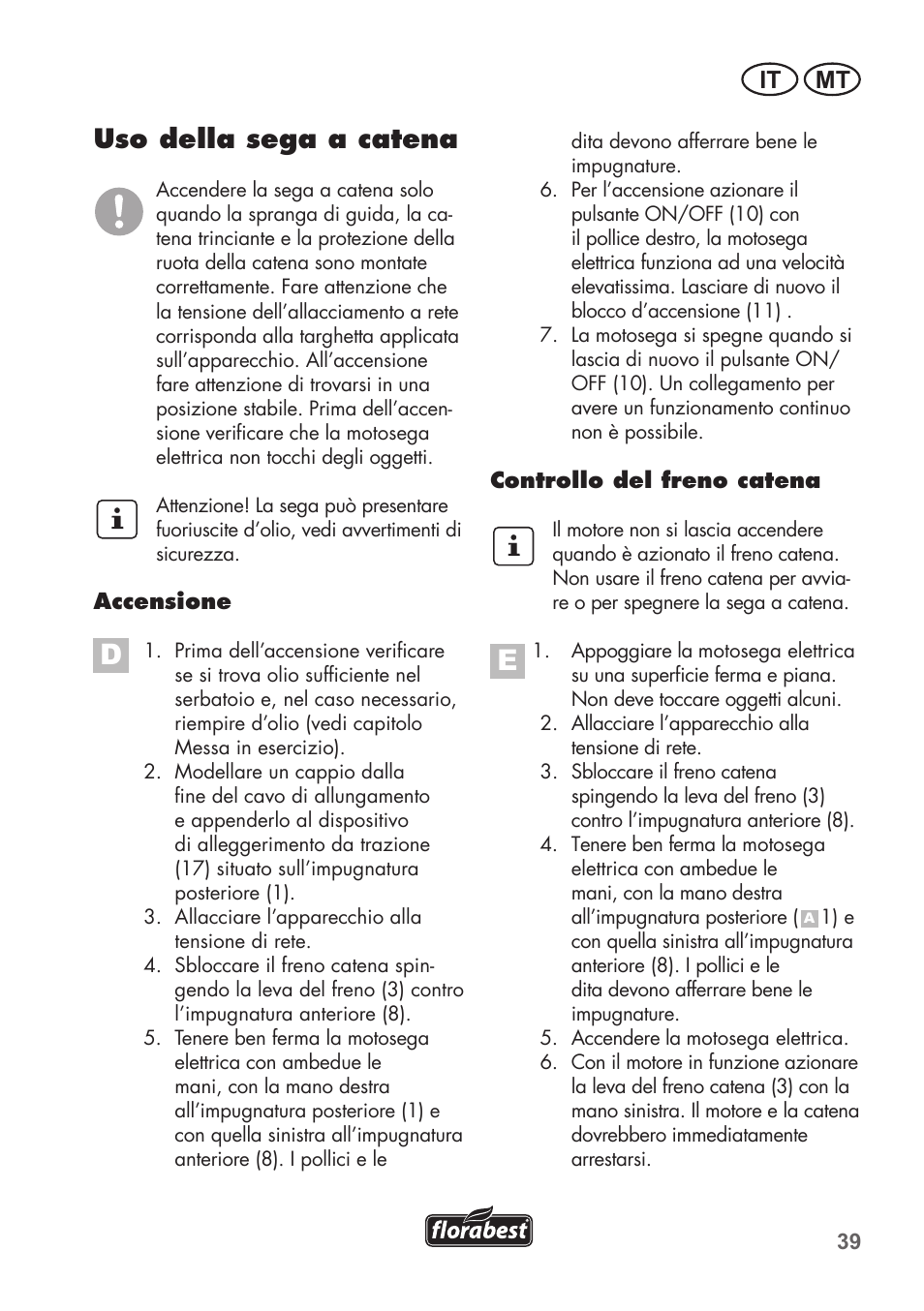 Uso della sega a catena, It mt | Florabest FKS 2200 C2 User Manual | Page 39 / 128