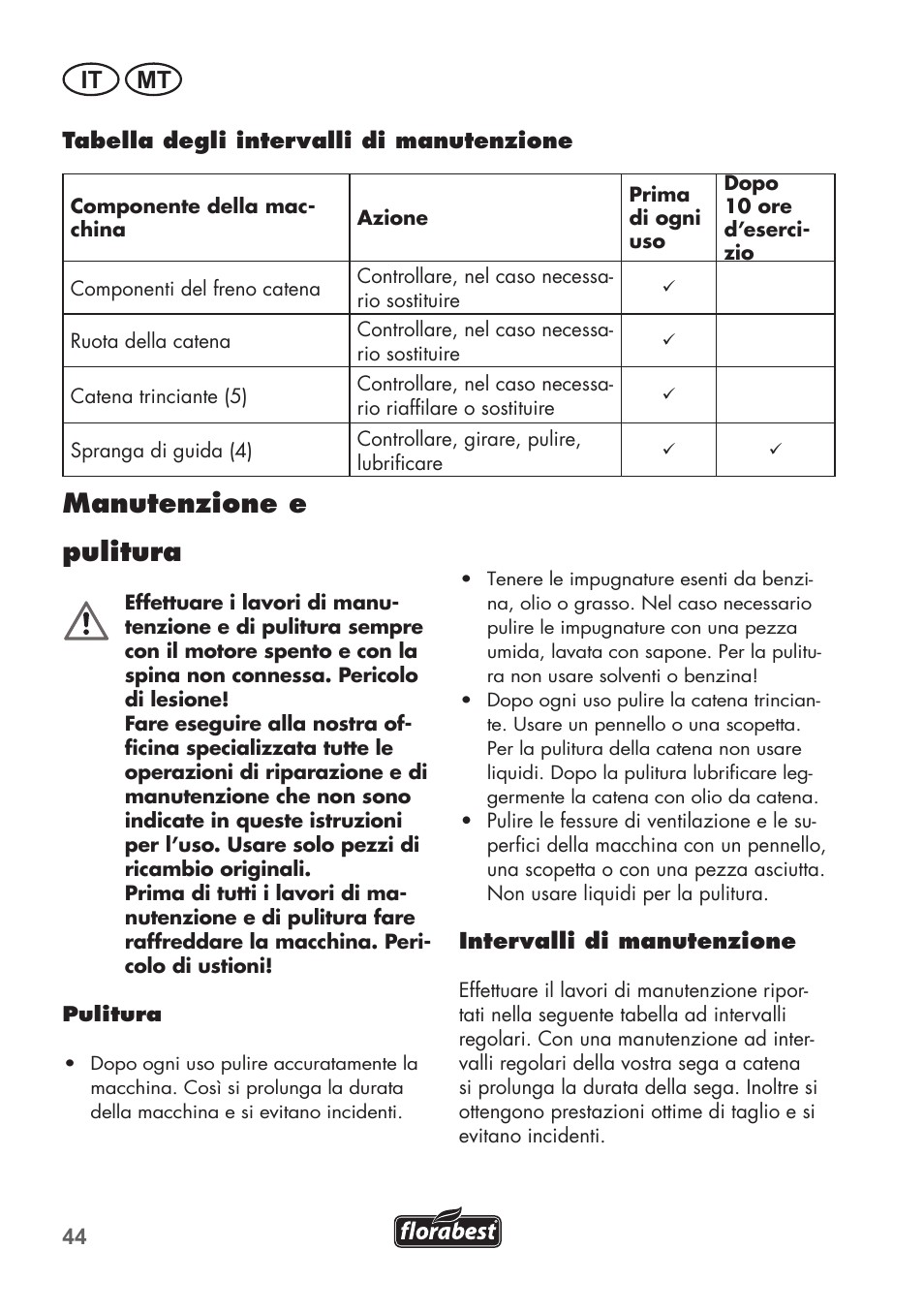 Manutenzione e pulitura, It mt | Florabest FKS 2200 C2 User Manual | Page 44 / 128