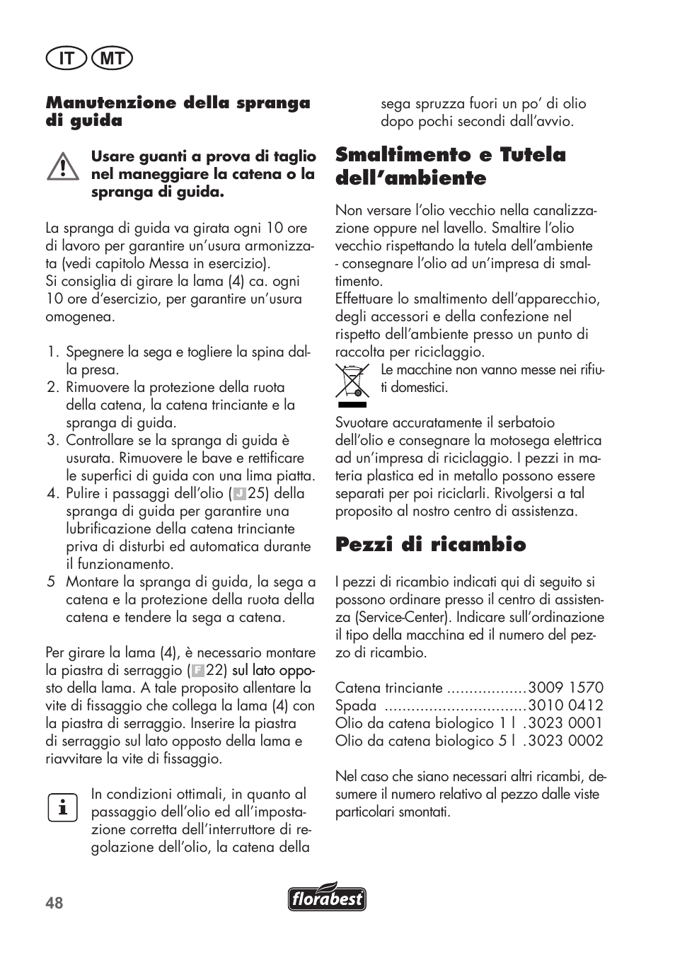 Smaltimento e tutela dell’ambiente, Pezzi di ricambio, It mt | Florabest FKS 2200 C2 User Manual | Page 48 / 128