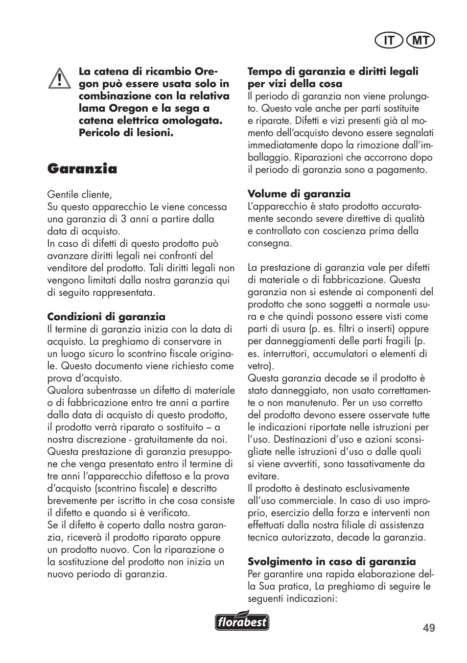 Garanzia, It mt | Florabest FKS 2200 C2 User Manual | Page 49 / 128