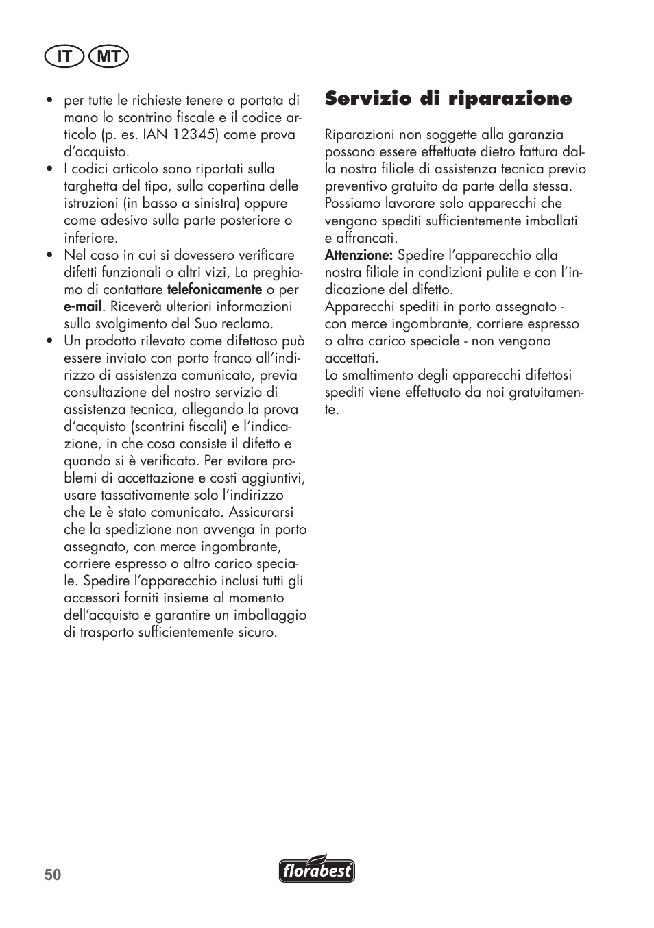 Servizio di riparazione, It mt | Florabest FKS 2200 C2 User Manual | Page 50 / 128