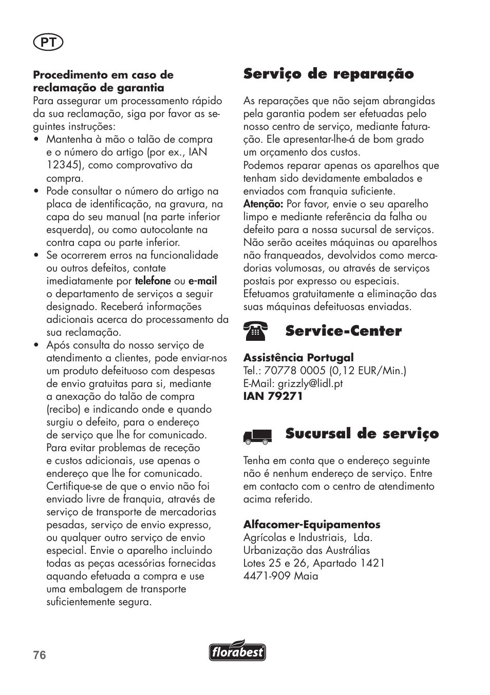 Serviço de reparação, Service-center, Sucursal de serviço | Florabest FKS 2200 C2 User Manual | Page 76 / 128