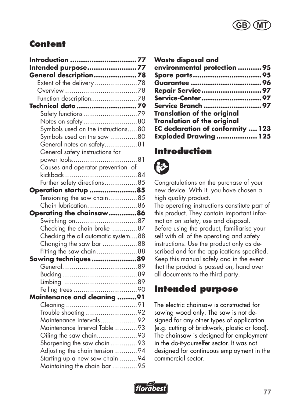 Introduction, Intended purpose, Content | Mt gb | Florabest FKS 2200 C2 User Manual | Page 77 / 128