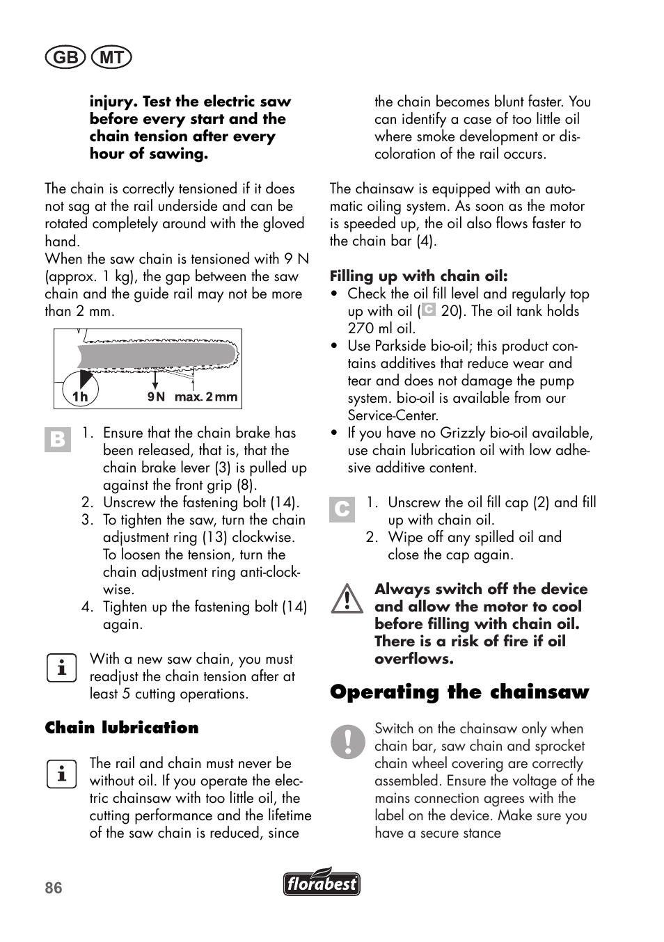 Operating the chainsaw, Gb mt | Florabest FKS 2200 C2 User Manual | Page 86 / 128