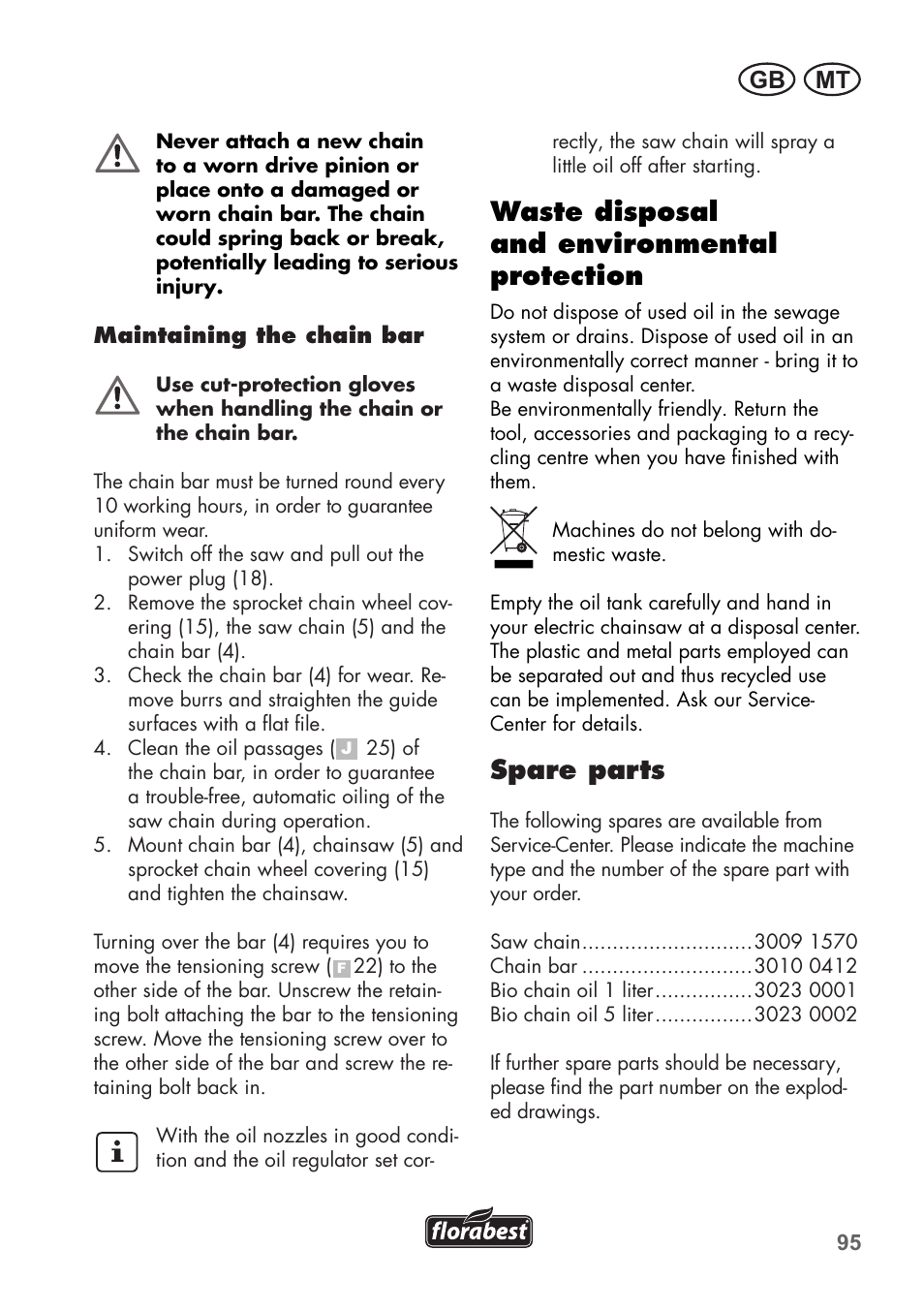 Waste disposal and environmental protection, Spare parts, Mt gb | Florabest FKS 2200 C2 User Manual | Page 95 / 128