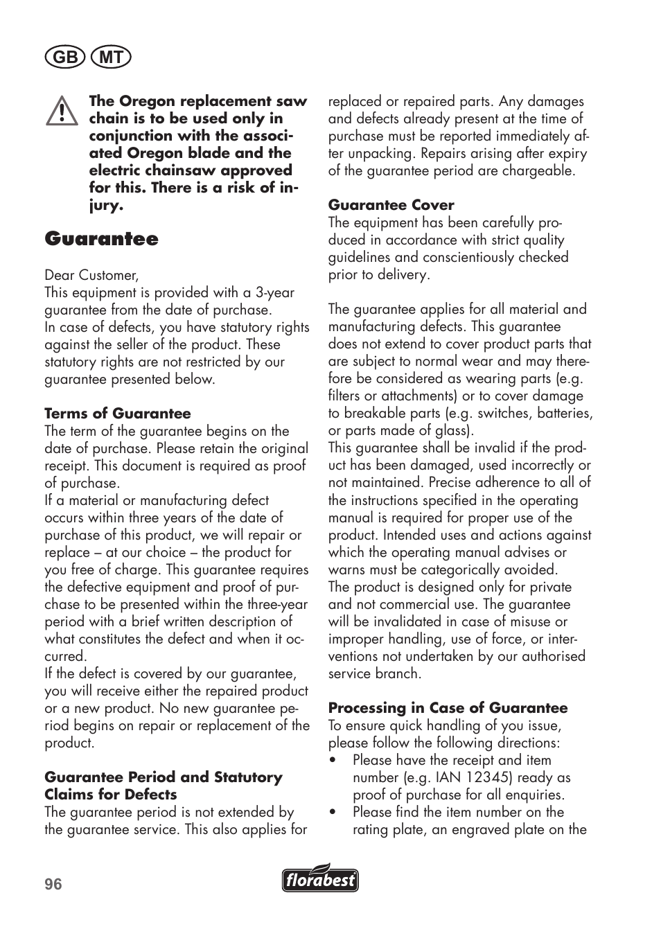 Guarantee, Gb mt | Florabest FKS 2200 C2 User Manual | Page 96 / 128
