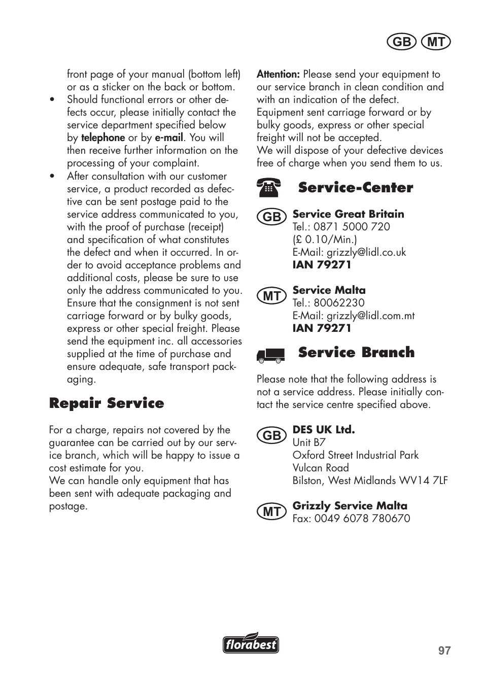 Repair service, Service-center, Service branch | Mt gb, Gb mt gb mt | Florabest FKS 2200 C2 User Manual | Page 97 / 128