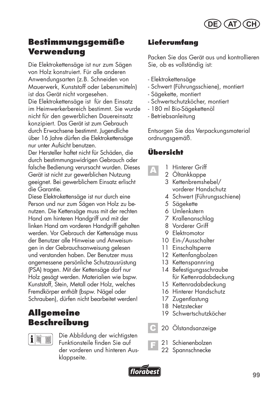 Bestimmungsgemäße verwendung, Allgemeine beschreibung, At ch de | Florabest FKS 2200 C2 User Manual | Page 99 / 128