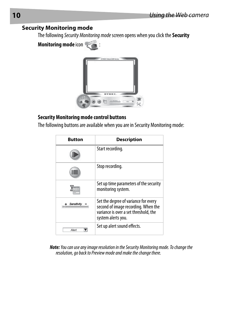 Security monitoring mode, Using the web camera | Dynex DX-DTCAM User Manual | Page 10 / 44