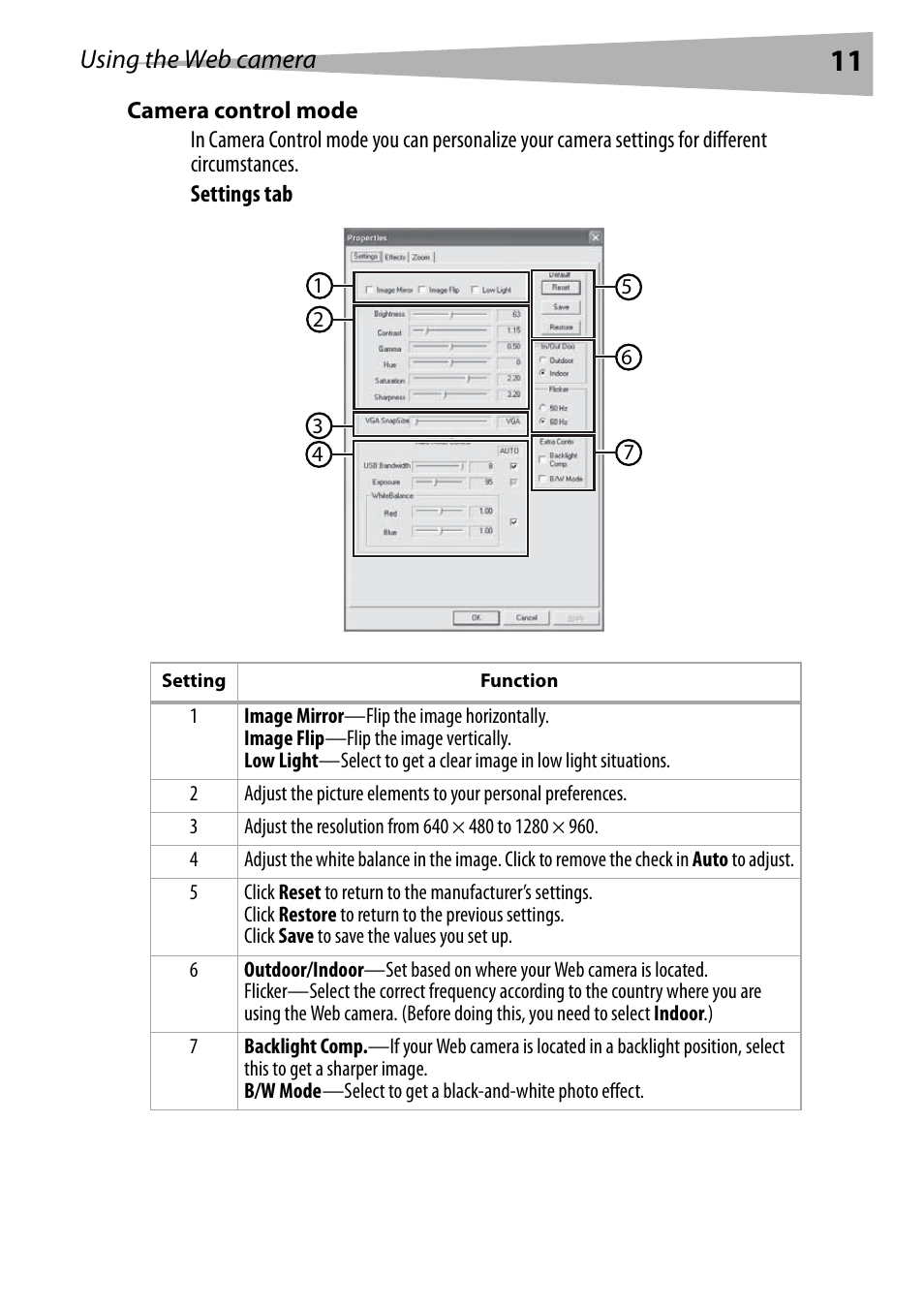 Camera control mode, Using the web camera | Dynex DX-DTCAM User Manual | Page 11 / 44