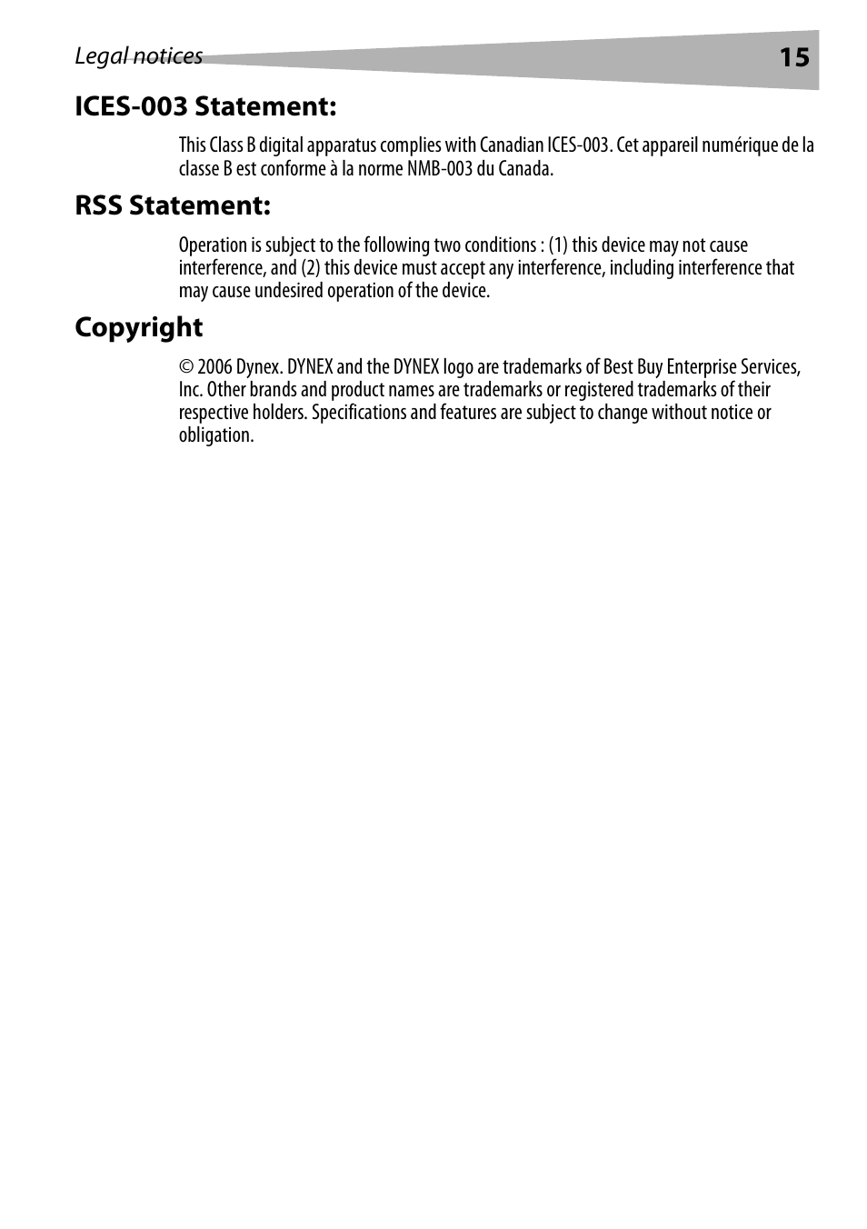 Ices-003 statement, Rss statement, Copyright | Dynex DX-DTCAM User Manual | Page 15 / 44