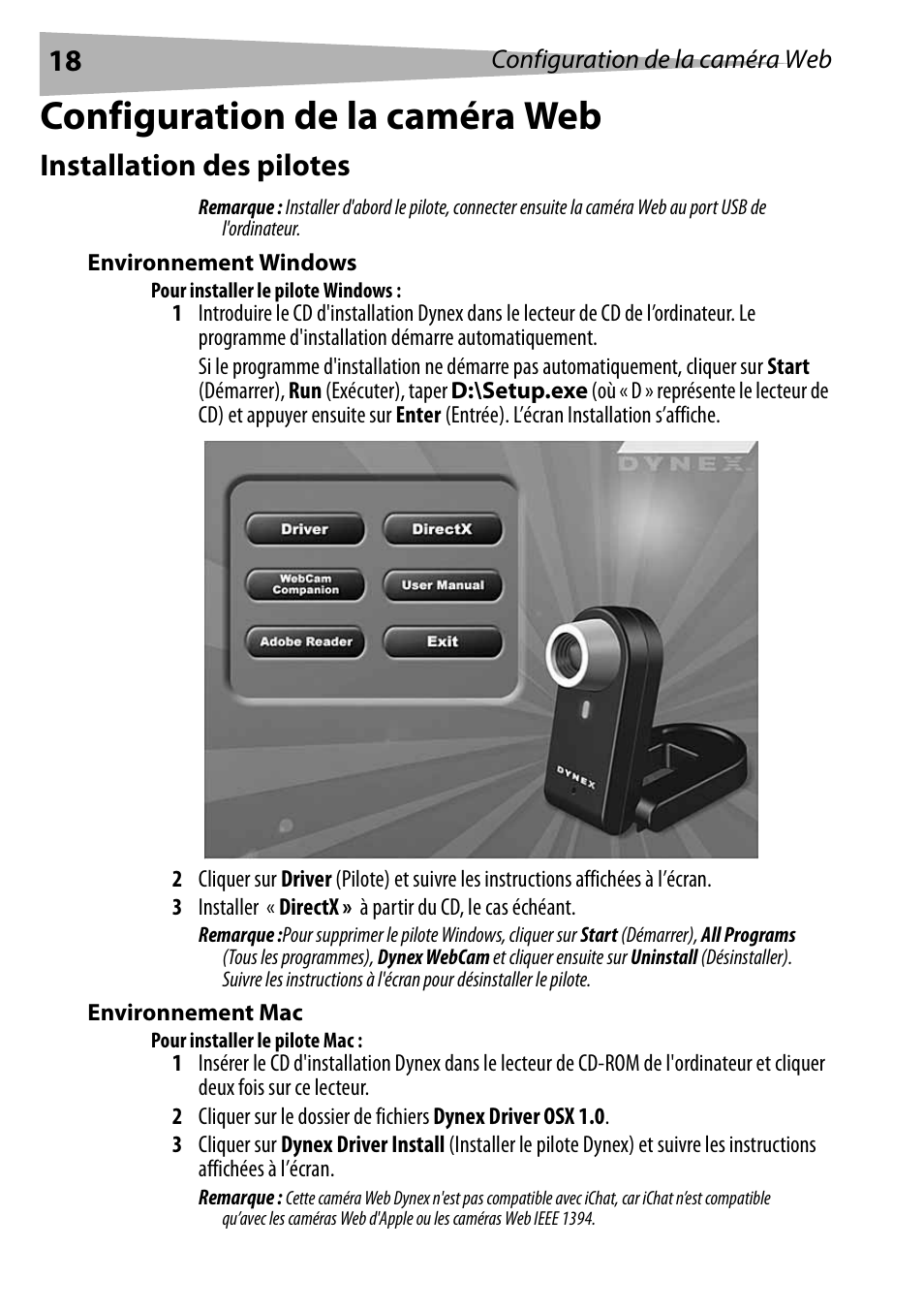 Configuration de la caméra web, Installation des pilotes, Environnement windows | Pour installer le pilote windows, Environnement mac, Pour installer le pilote mac | Dynex DX-DTCAM User Manual | Page 18 / 44