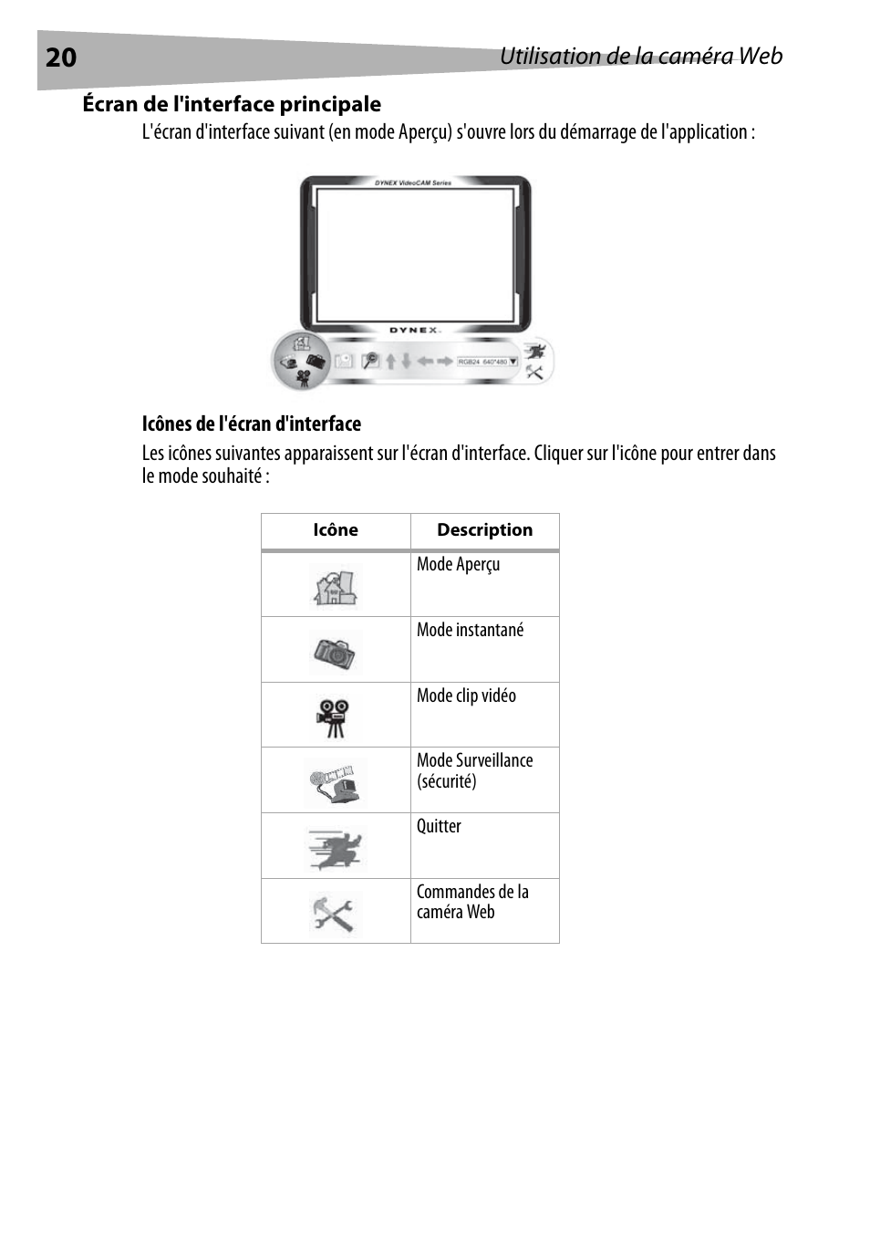 Écran de l'interface principale, Utilisation de la caméra web | Dynex DX-DTCAM User Manual | Page 20 / 44