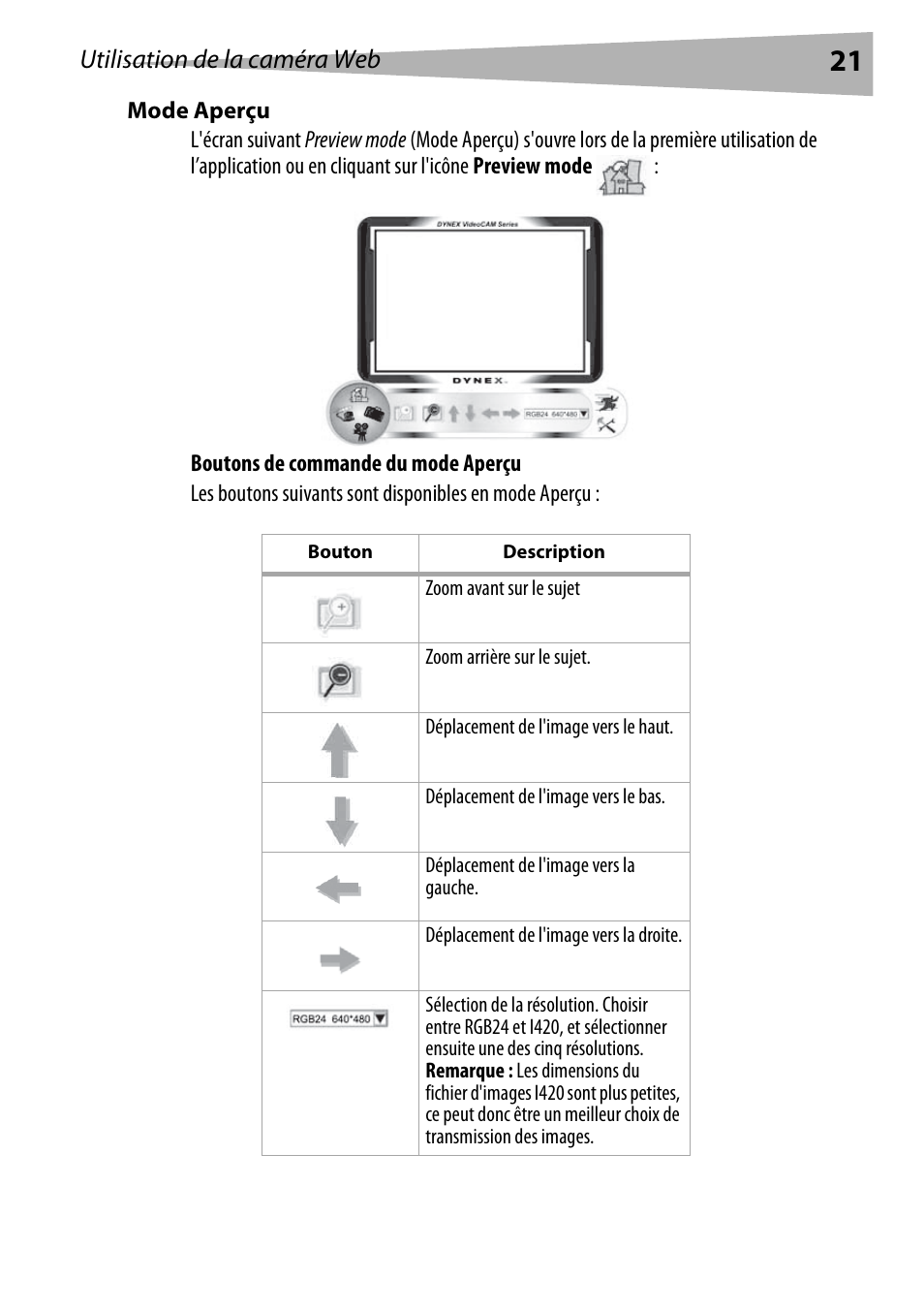 Mode aperçu, Utilisation de la caméra web | Dynex DX-DTCAM User Manual | Page 21 / 44