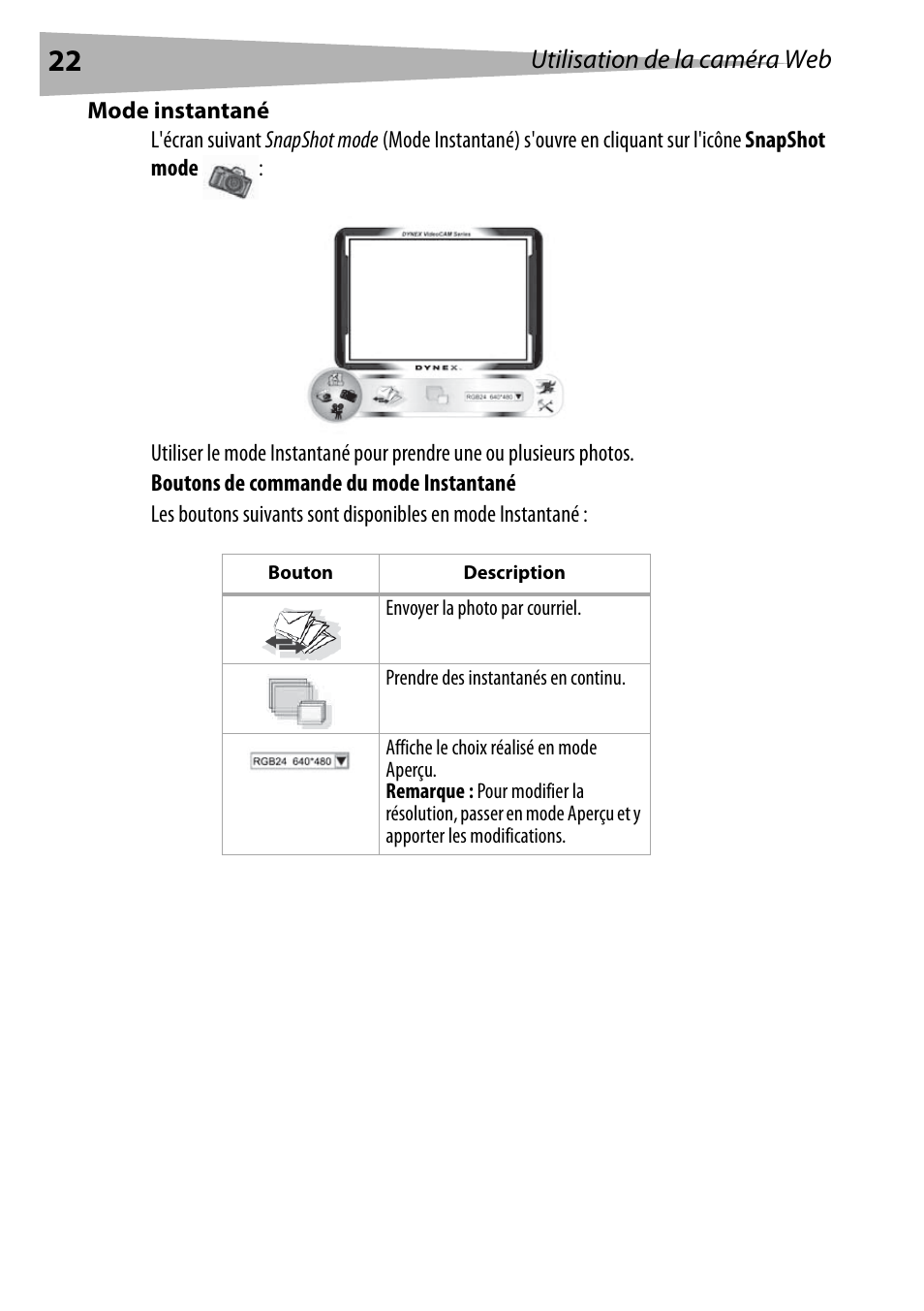 Mode instantané | Dynex DX-DTCAM User Manual | Page 22 / 44