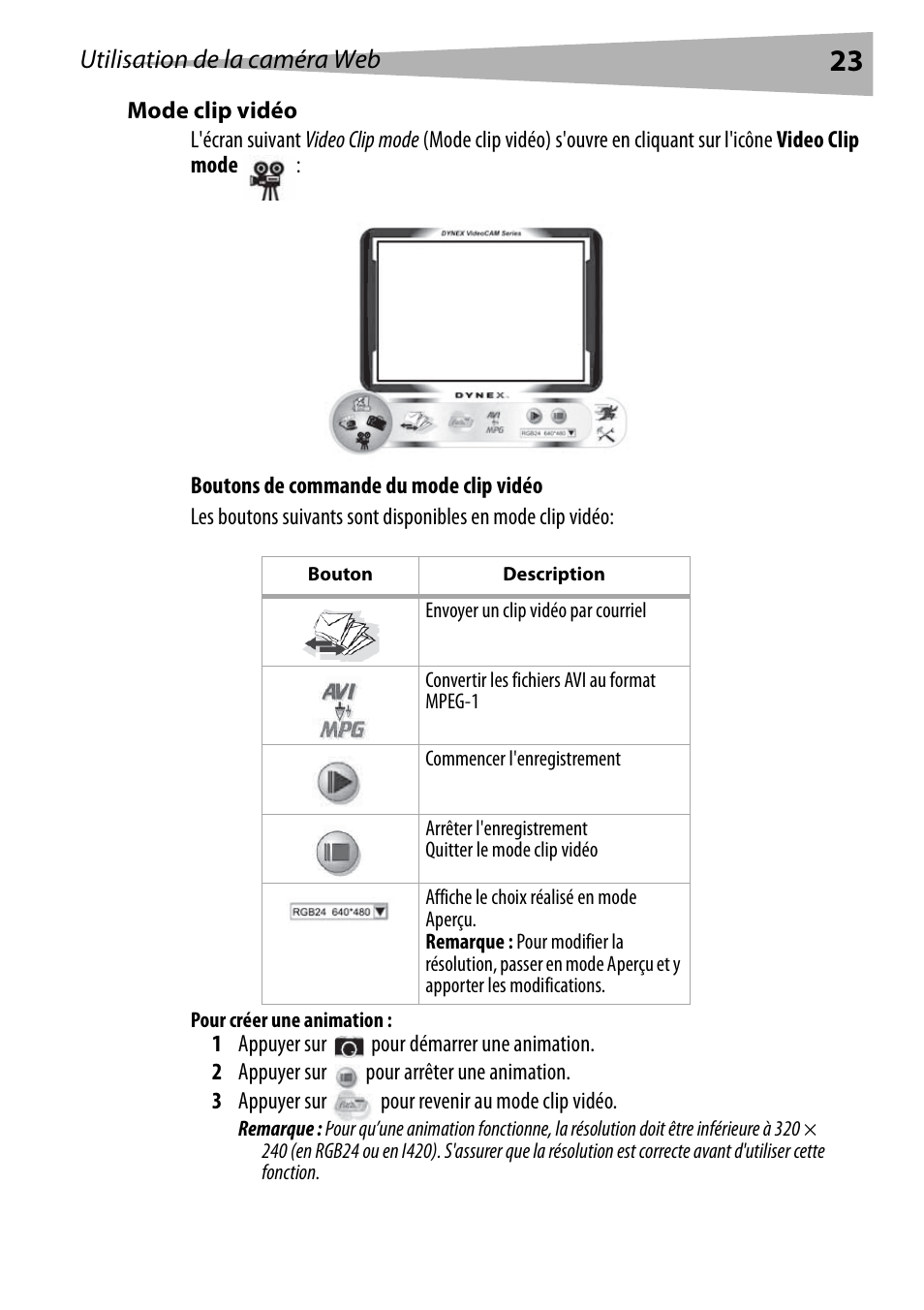 Mode clip vidéo, Pour créer une animation, Utilisation de la caméra web | Dynex DX-DTCAM User Manual | Page 23 / 44