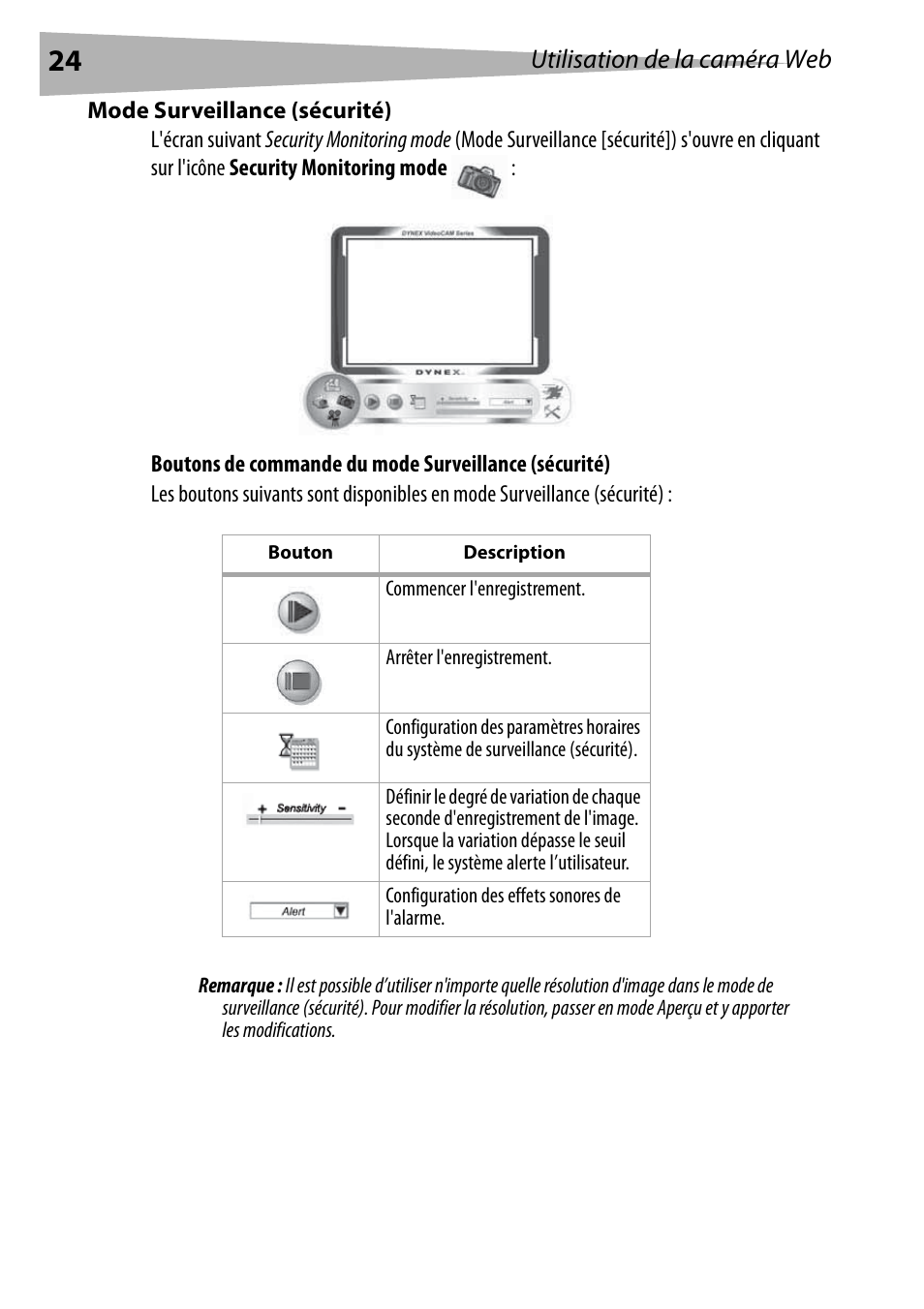 Mode surveillance (sécurité), Utilisation de la caméra web | Dynex DX-DTCAM User Manual | Page 24 / 44