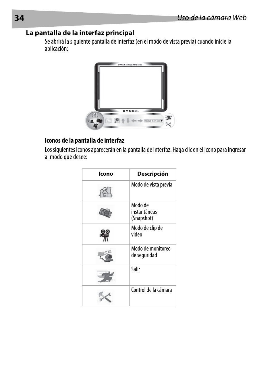 La pantalla de la interfaz principal, Uso de la cámara web | Dynex DX-DTCAM User Manual | Page 34 / 44