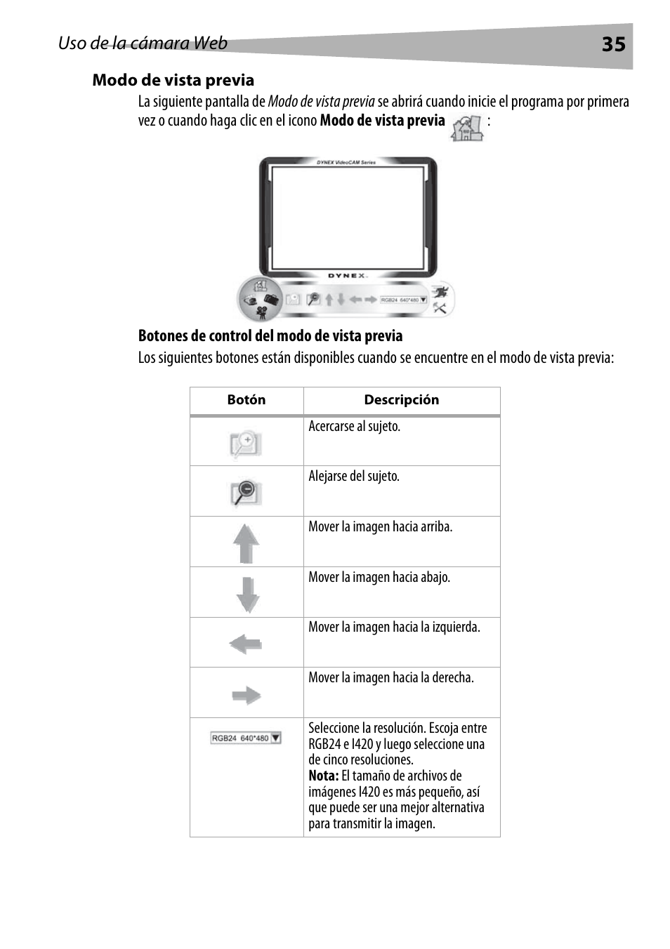 Modo de vista previa, Uso de la cámara web | Dynex DX-DTCAM User Manual | Page 35 / 44