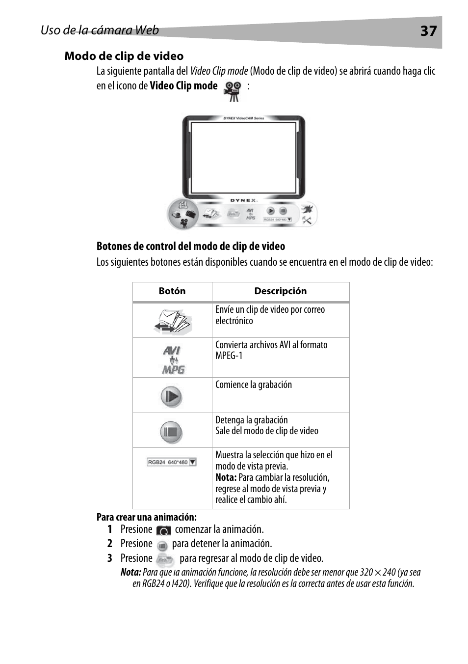 Modo de clip de video, Para crear una animación, Uso de la cámara web | Dynex DX-DTCAM User Manual | Page 37 / 44