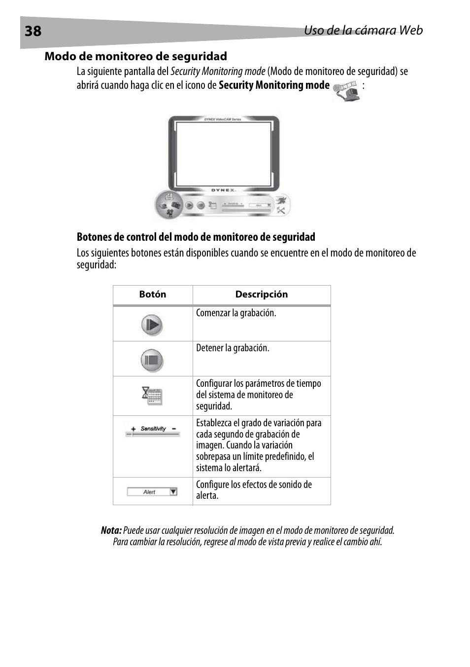 Modo de monitoreo de seguridad, Uso de la cámara web | Dynex DX-DTCAM User Manual | Page 38 / 44