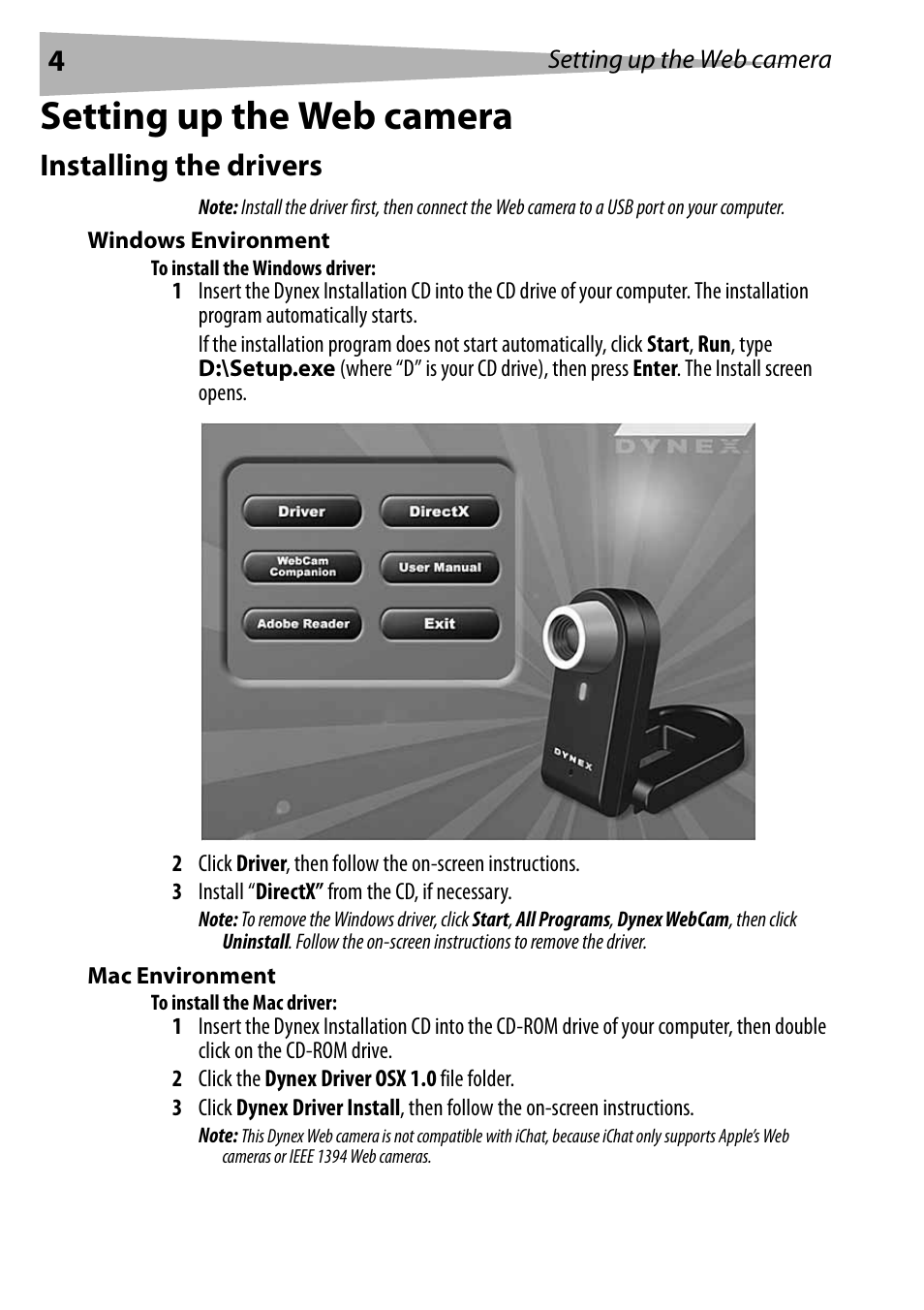 Setting up the web camera, Installing the drivers, Windows environment | To install the windows driver, Mac environment, To install the mac driver | Dynex DX-DTCAM User Manual | Page 4 / 44