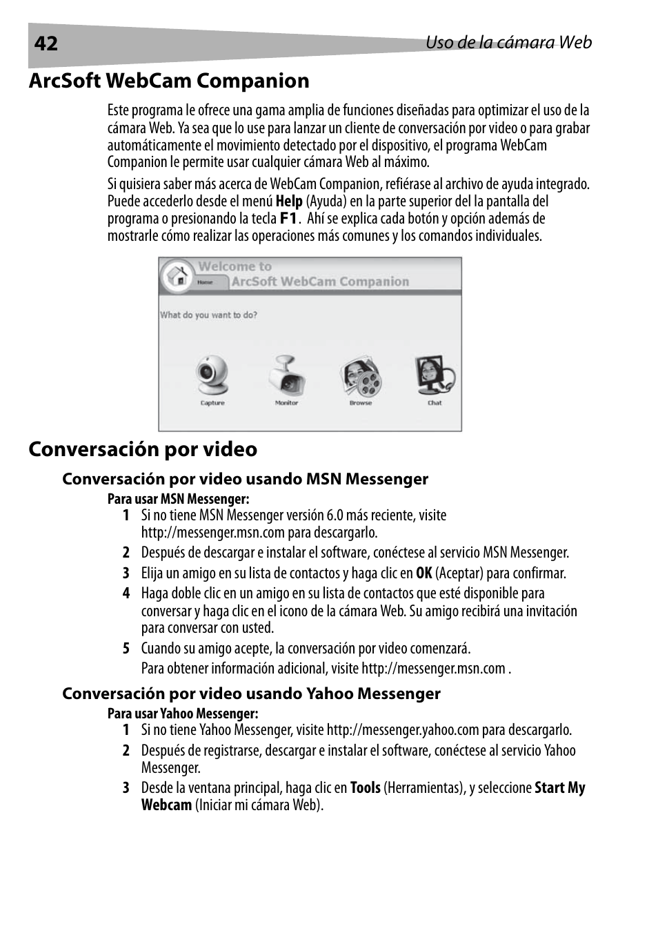 Arcsoft webcam companion, Conversación por video, Conversación por video usando msn messenger | Para usar msn messenger, Conversación por video usando yahoo messenger, Para usar yahoo messenger | Dynex DX-DTCAM User Manual | Page 42 / 44