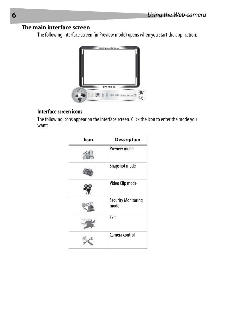 The main interface screen, Using the web camera | Dynex DX-DTCAM User Manual | Page 6 / 44