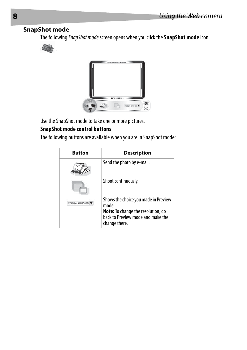 Snapshot mode | Dynex DX-DTCAM User Manual | Page 8 / 44