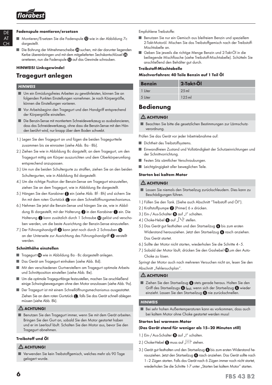 6fbs 43 b2, Tragegurt anlegen, Bedienung | Florabest FBS 43 B2 User Manual | Page 11 / 56