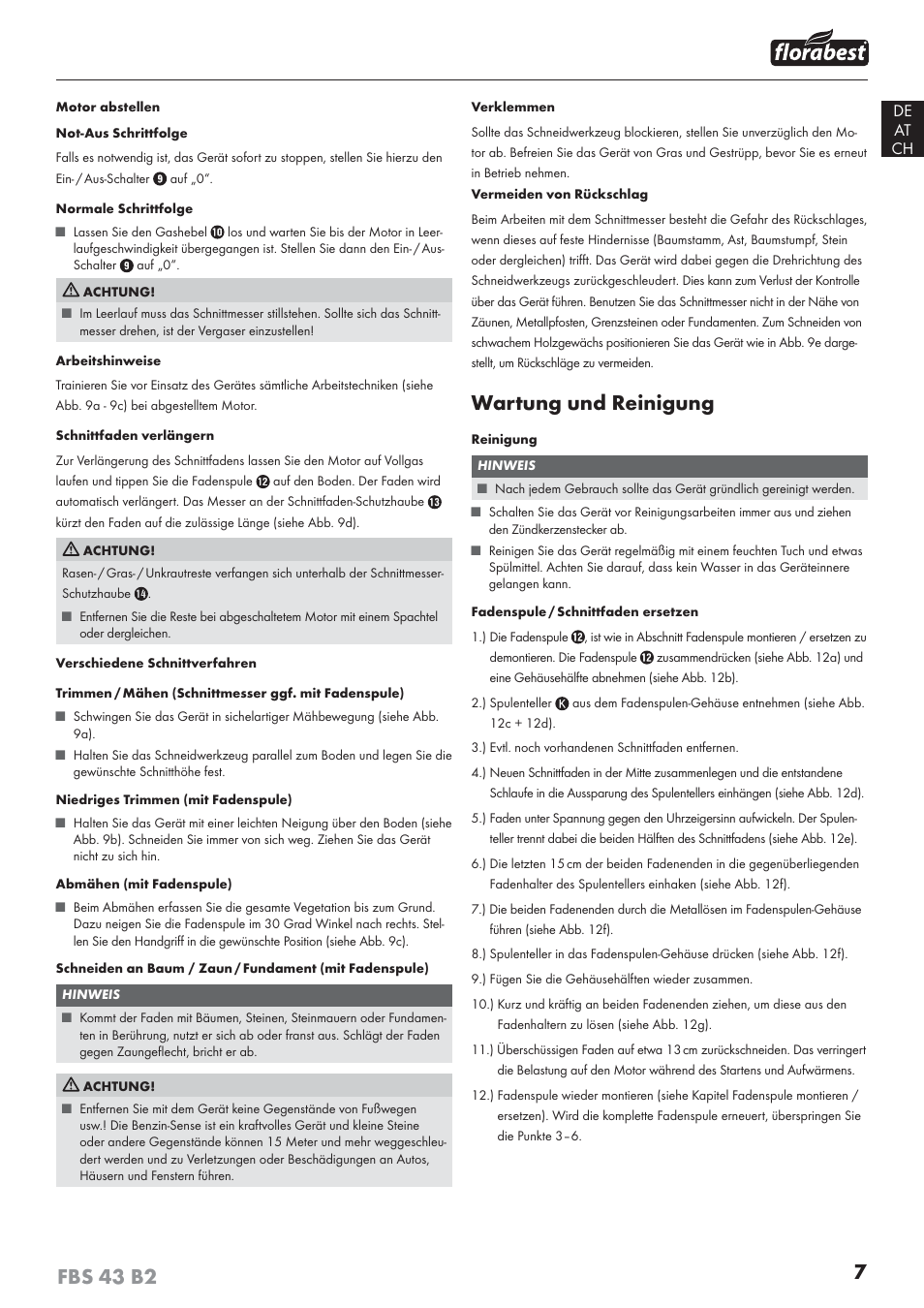 7fbs 43 b2, Wartung und reinigung | Florabest FBS 43 B2 User Manual | Page 12 / 56