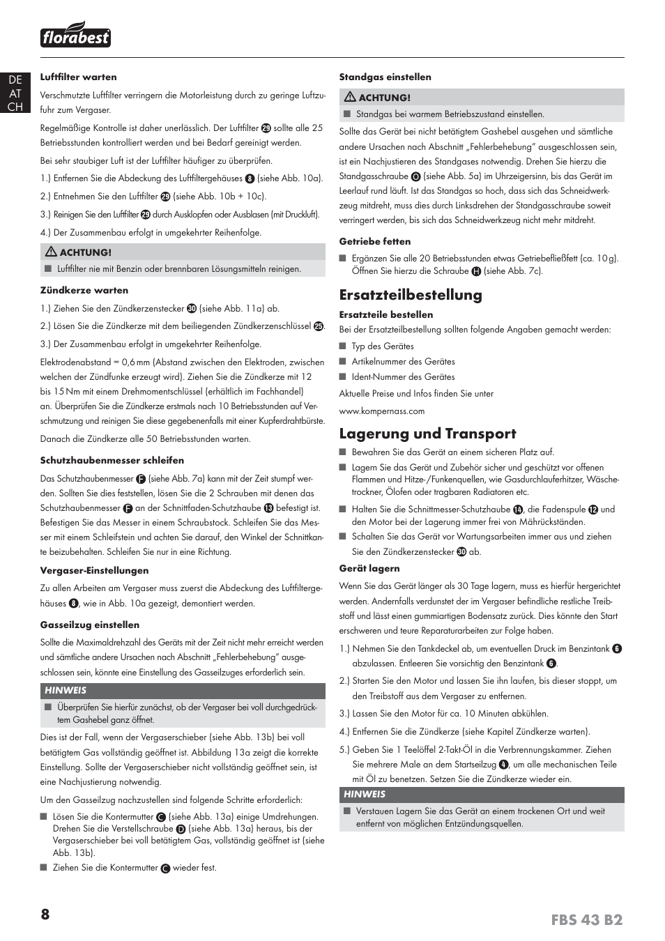 8fbs 43 b2, Ersatzteilbestellung, Lagerung und transport | Florabest FBS 43 B2 User Manual | Page 13 / 56