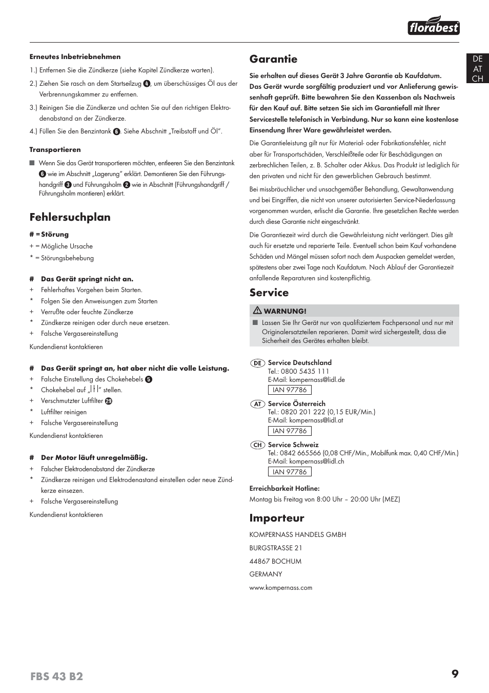 9fbs 43 b2, Fehlersuchplan, Garantie | Service, Importeur | Florabest FBS 43 B2 User Manual | Page 14 / 56