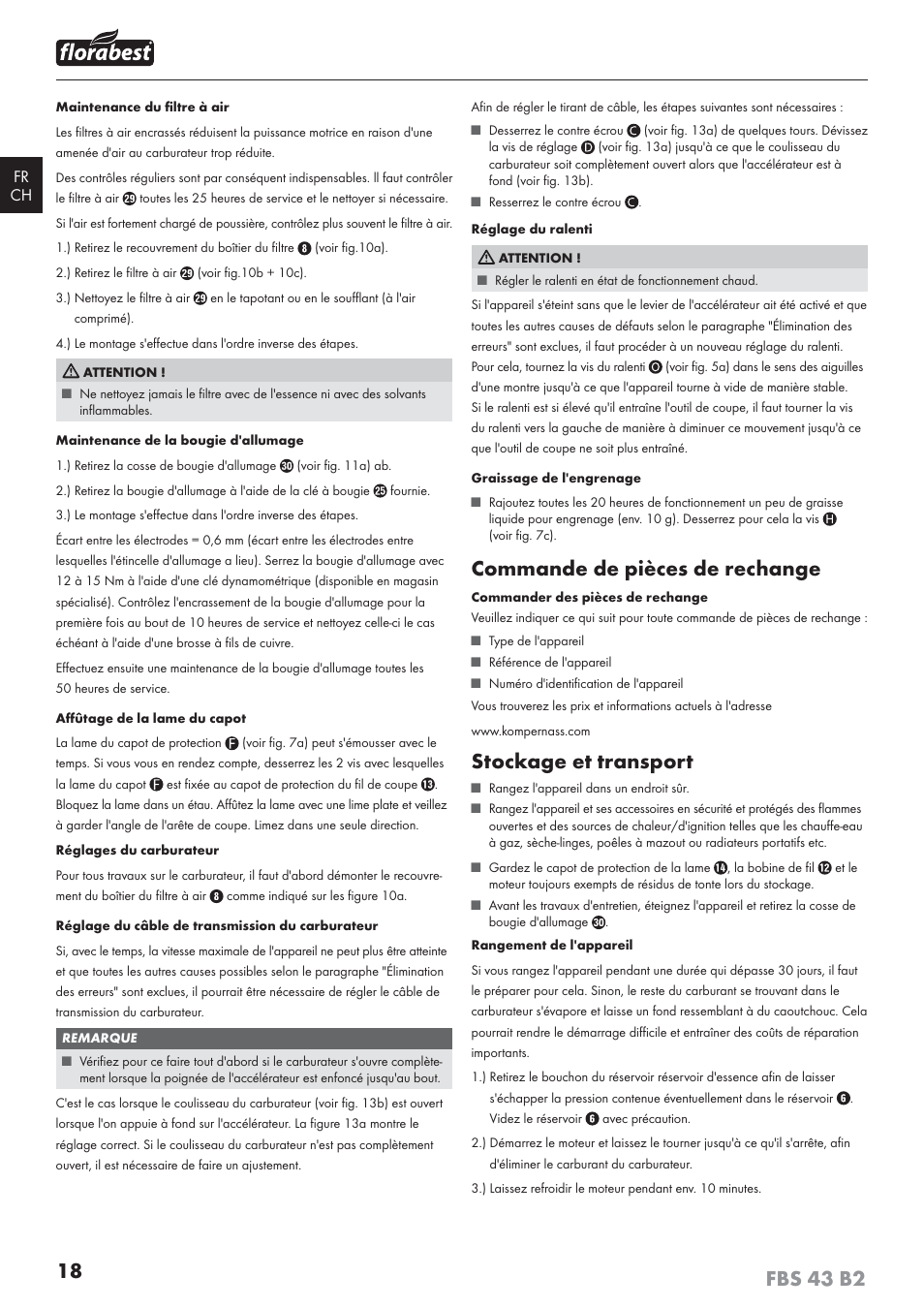 Commande de pièces de rechange, Stockage et transport | Florabest FBS 43 B2 User Manual | Page 23 / 56