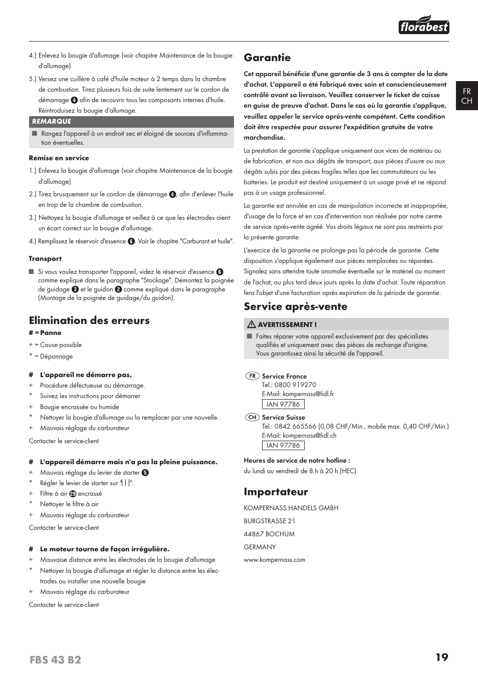 Elimination des erreurs, Garantie, Service après-vente | Importateur | Florabest FBS 43 B2 User Manual | Page 24 / 56