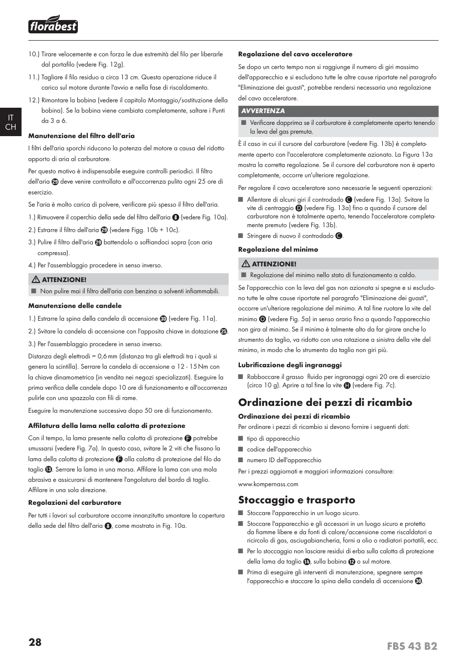 Ordinazione dei pezzi di ricambio, Stoccaggio e trasporto | Florabest FBS 43 B2 User Manual | Page 33 / 56