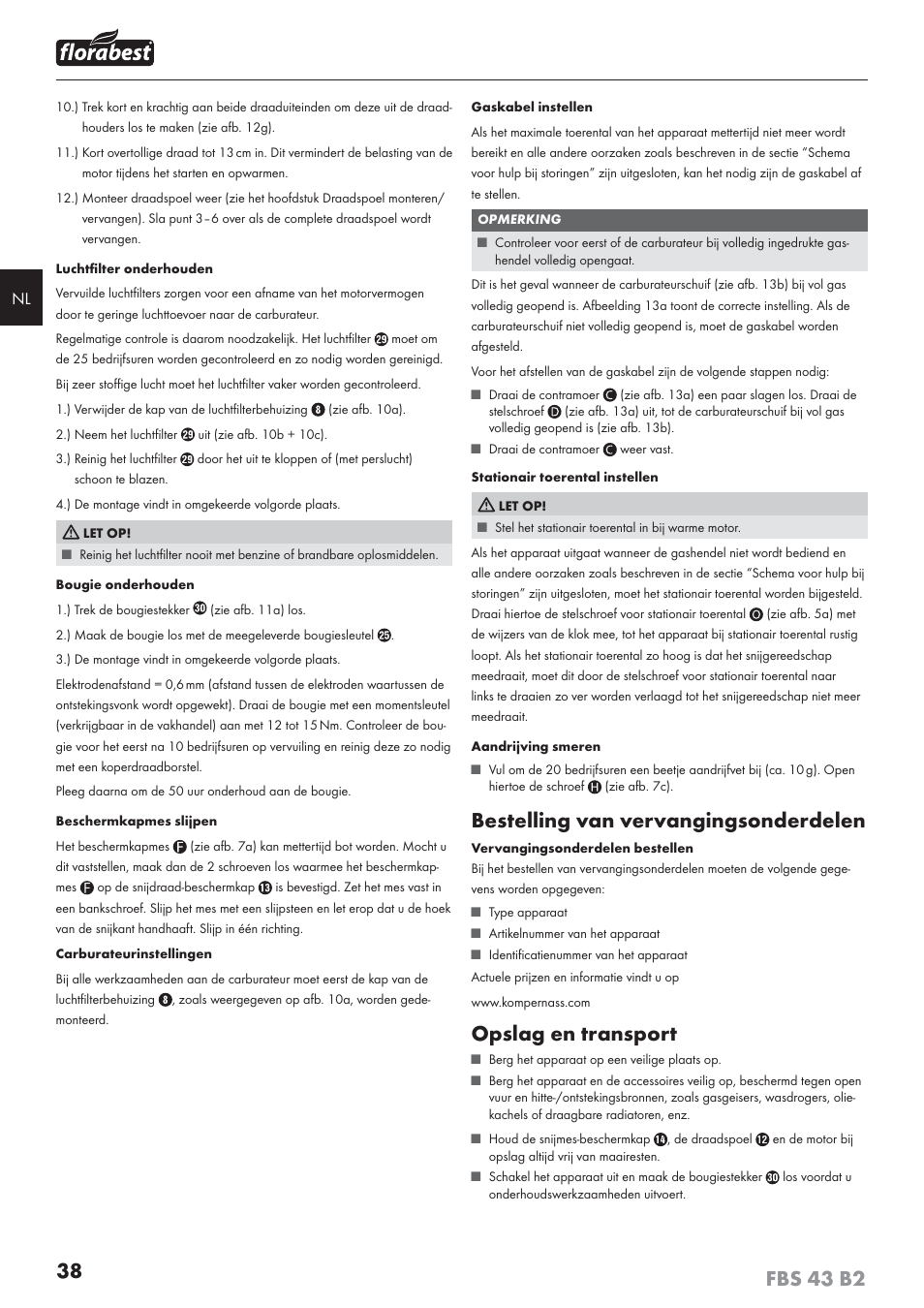 Bestelling van vervangingsonderdelen, Opslag en transport | Florabest FBS 43 B2 User Manual | Page 43 / 56