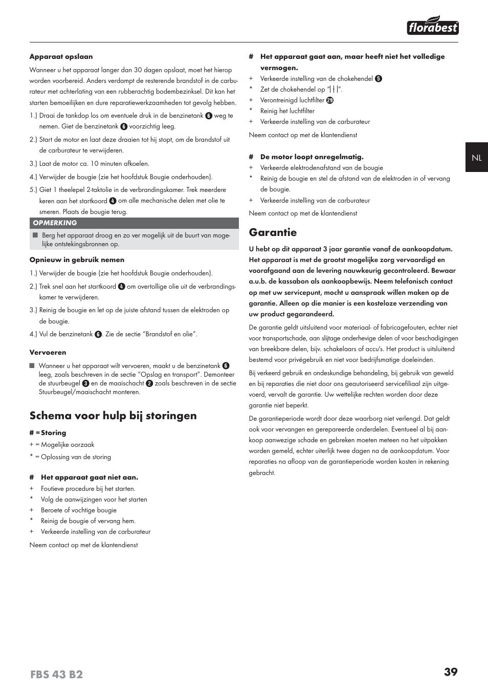 Schema voor hulp bij storingen, Garantie | Florabest FBS 43 B2 User Manual | Page 44 / 56