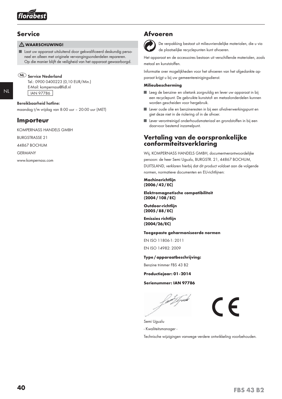 Service, Importeur, Afvoeren | Florabest FBS 43 B2 User Manual | Page 45 / 56