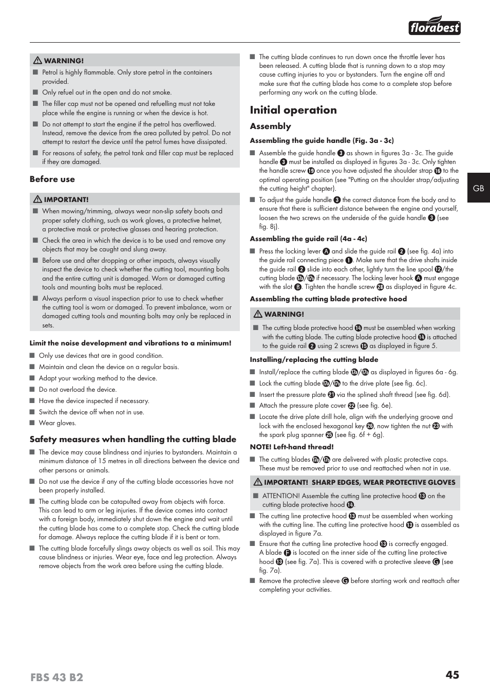 Initial operation | Florabest FBS 43 B2 User Manual | Page 50 / 56