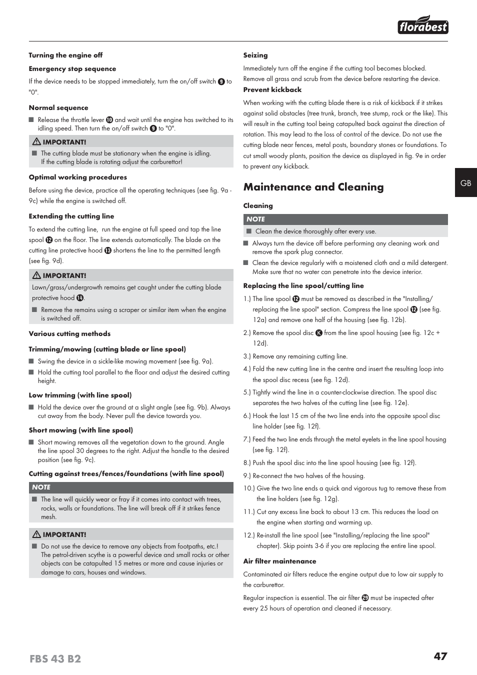 Maintenance and cleaning | Florabest FBS 43 B2 User Manual | Page 52 / 56